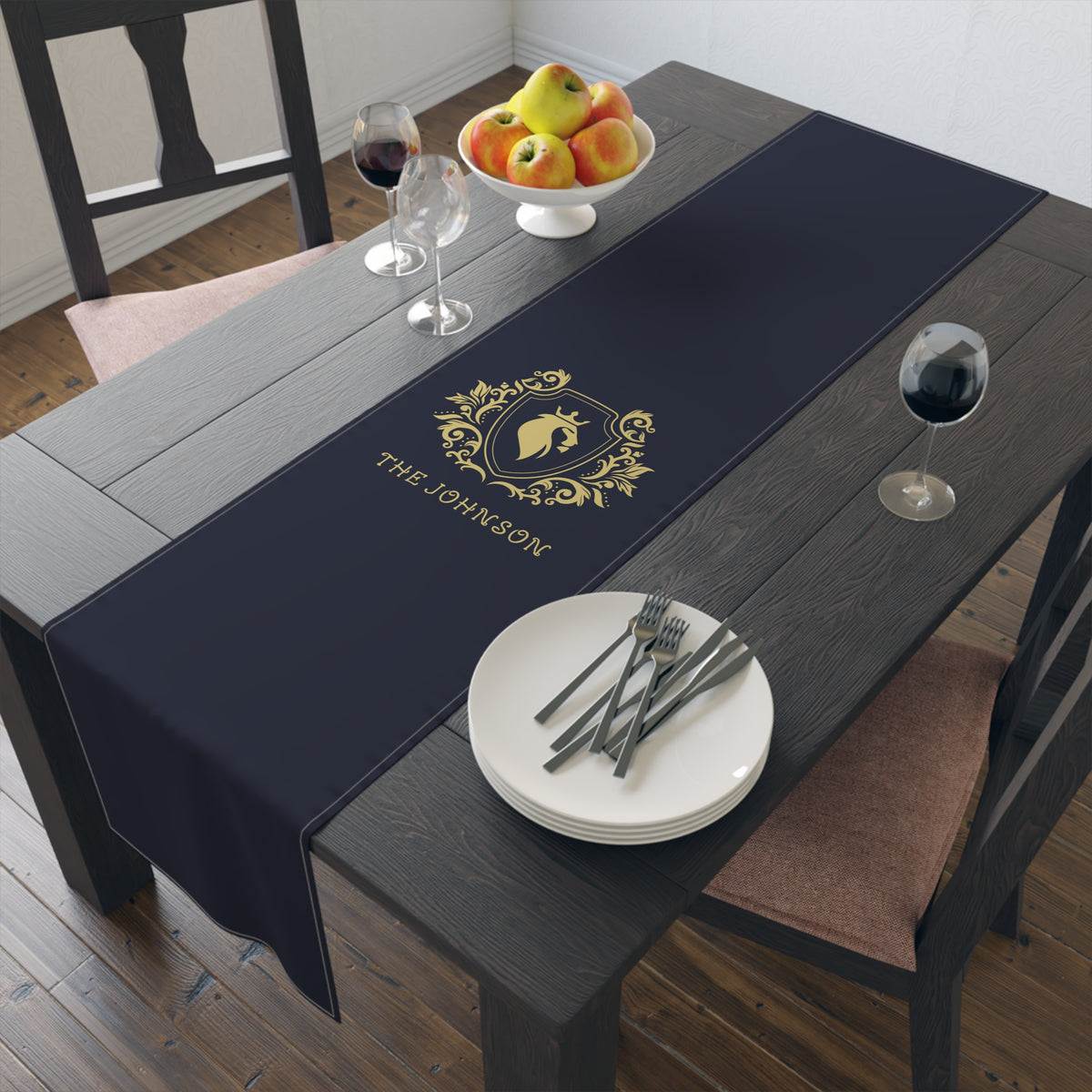 Personalized Family Name Luxury Royal Navy Gold Home DecorTable Runner
