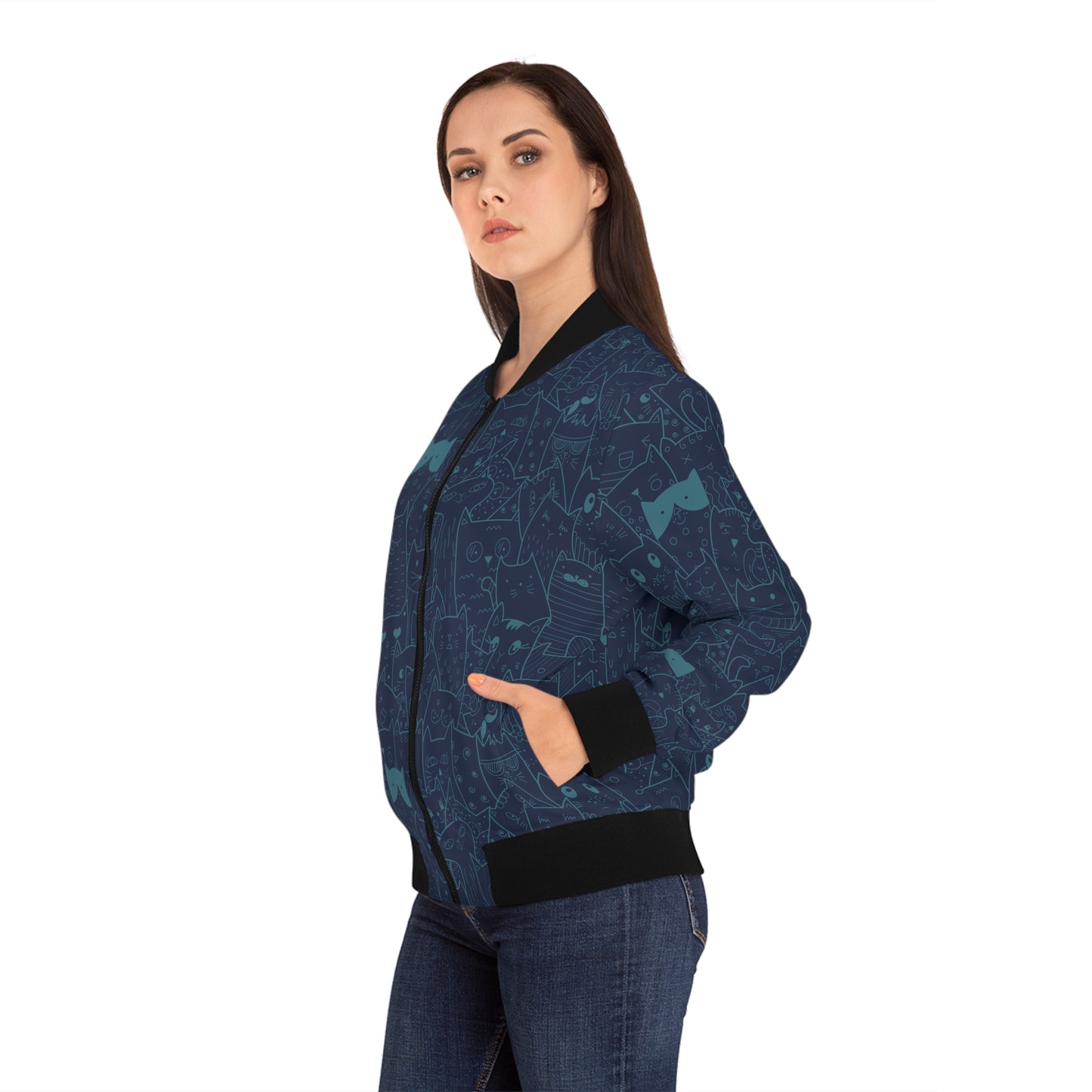 Cute Unique Blue Cat Pattern Bomber Jacket | Pet Lovers Gift Idea