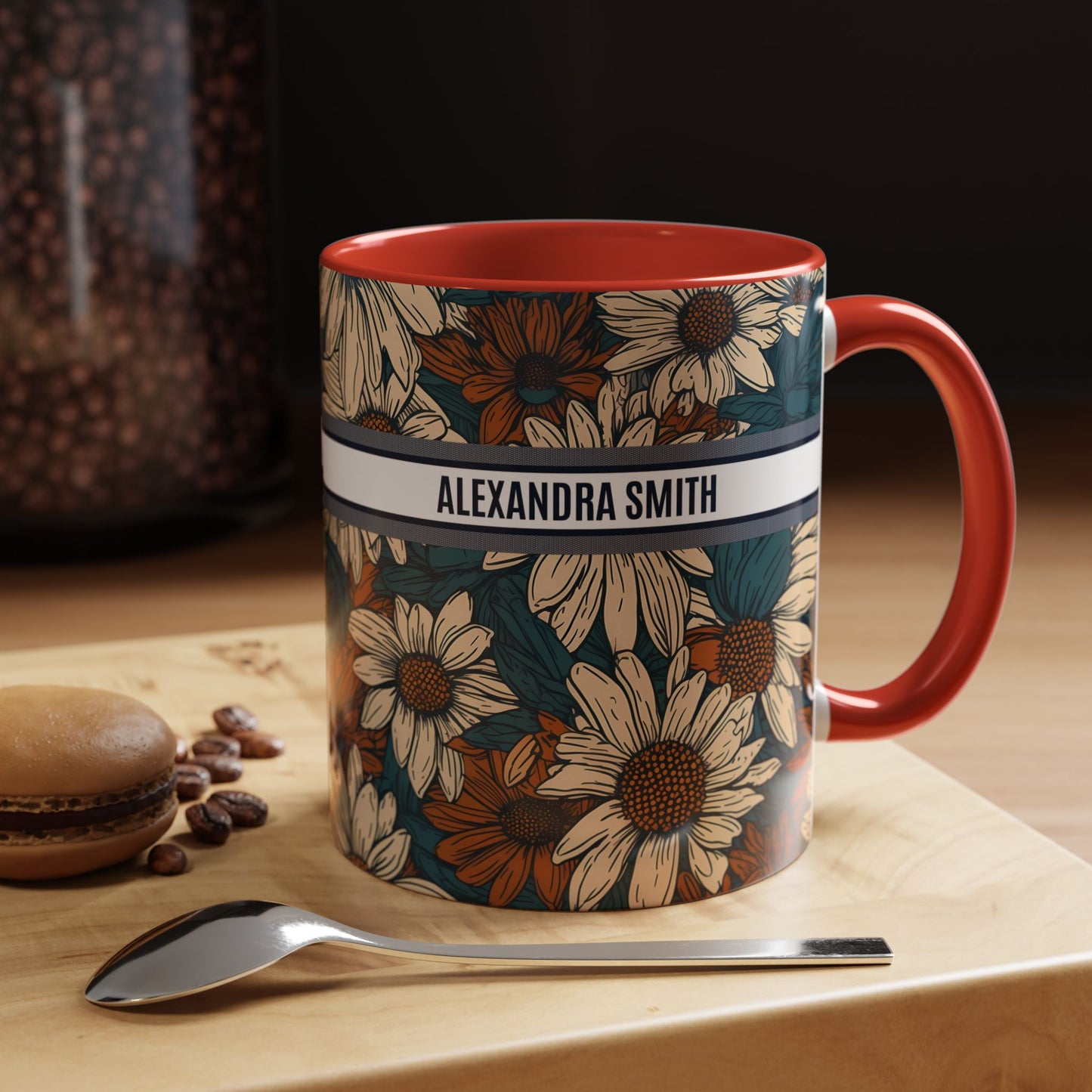 Personalized Name Text Daisy Floral Luxury Vintage Toile De Jouy French Pattern Accent Coffee Tea Mug