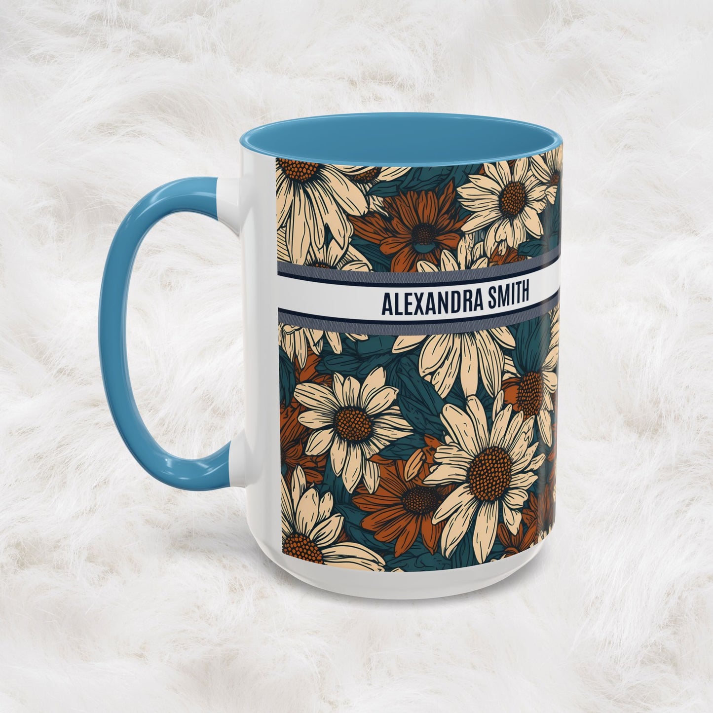 Personalized Name Text Daisy Floral Luxury Vintage Toile De Jouy French Pattern Accent Coffee Tea Mug