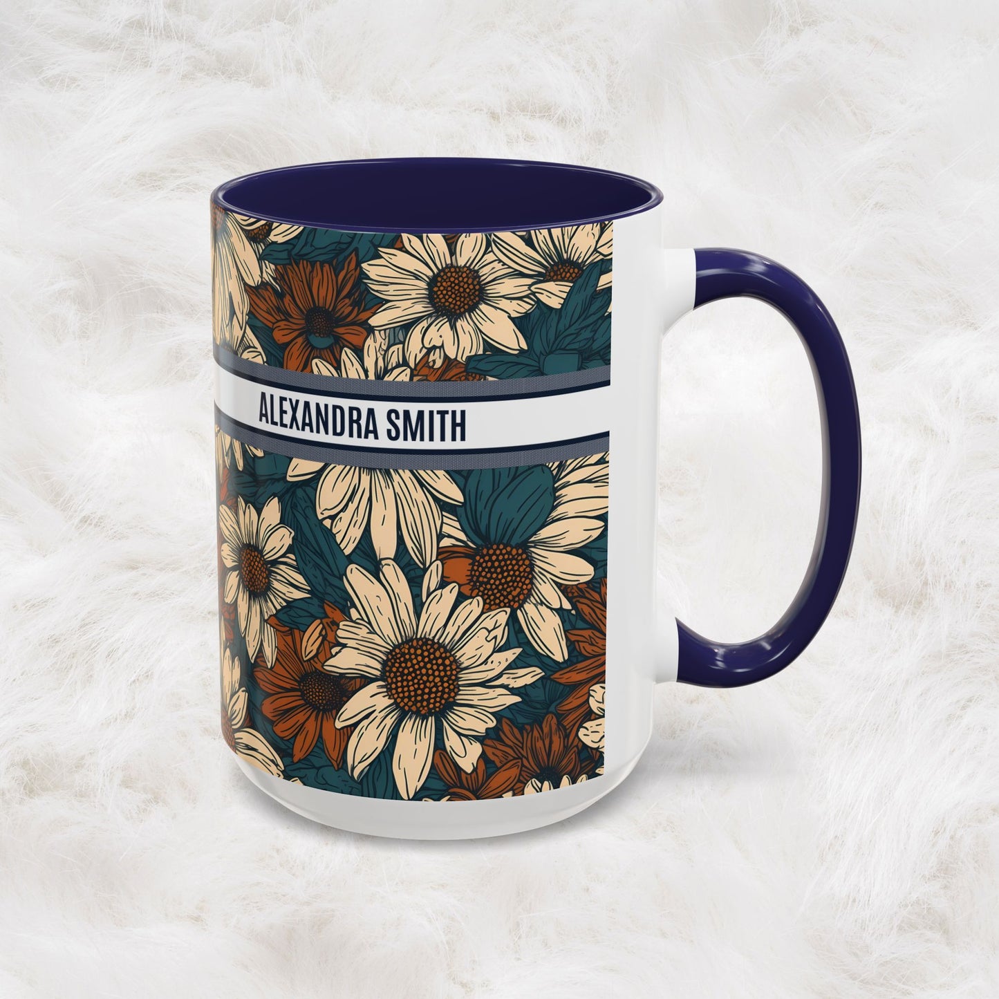 Personalized Name Text Daisy Floral Luxury Vintage Toile De Jouy French Pattern Accent Coffee Tea Mug