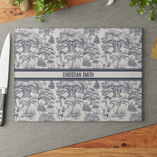 Personalized Name Luxury Vintage Toile De Jouy French Nature Landscape Seamless Pattern Version 2 Art Glass Cutting Board Gift Ideas Home Decor