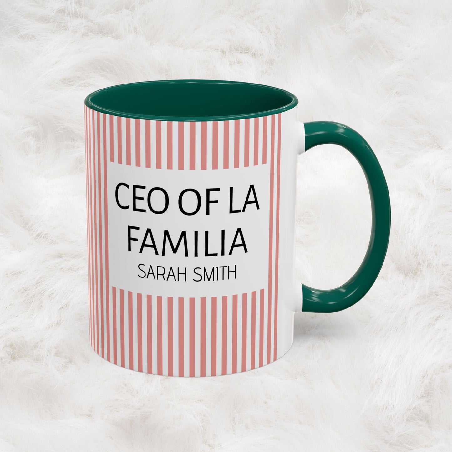 Personalized Name Pink Striped Coffee Tea Mug | Meaningful CEO of La Familia Gift for Mom, Wife, Women