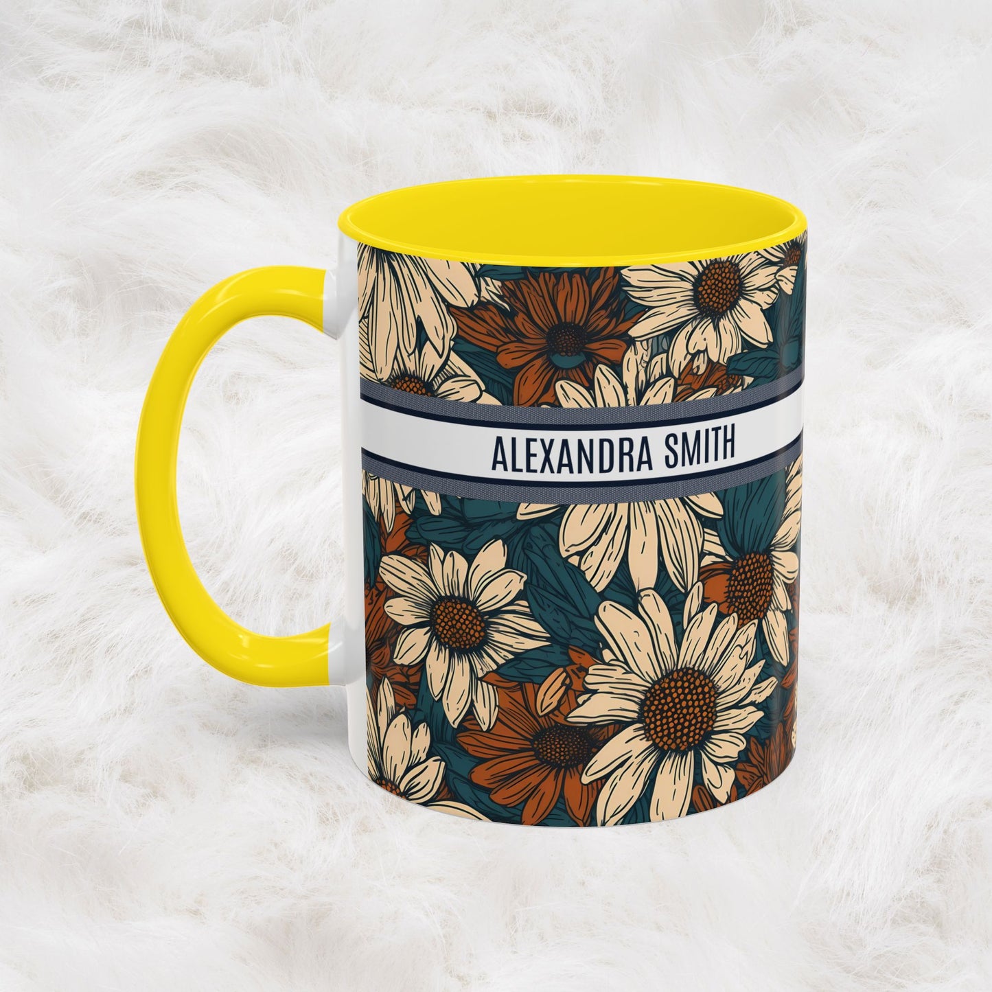 Personalized Name Text Daisy Floral Luxury Vintage Toile De Jouy French Pattern Accent Coffee Tea Mug