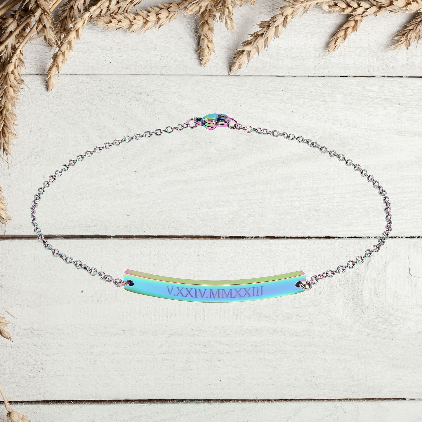 Personalized Date Text or Roman Numeral Engraving Curved Bar Anklet | Gift For Her