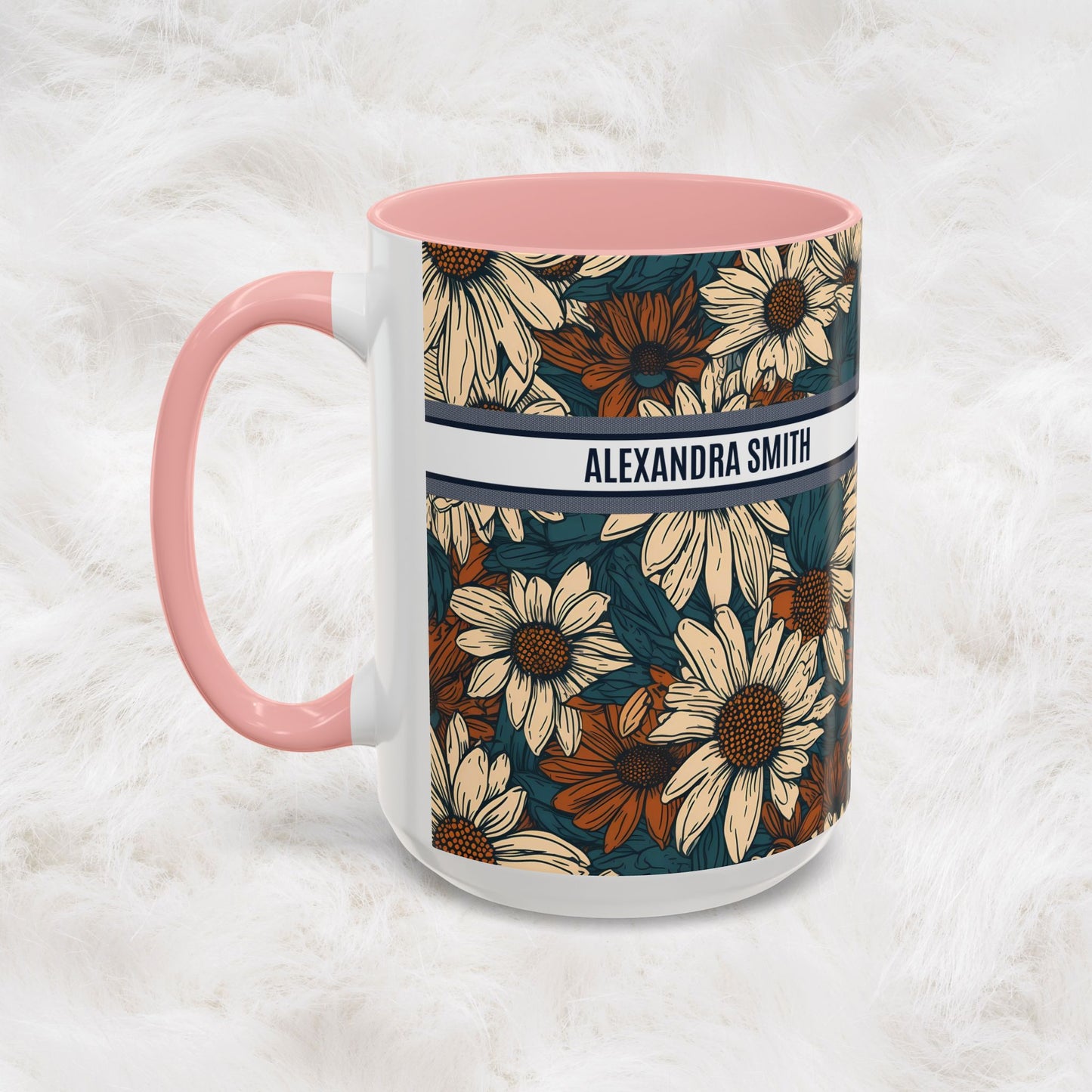 Personalized Name Text Daisy Floral Luxury Vintage Toile De Jouy French Pattern Accent Coffee Tea Mug