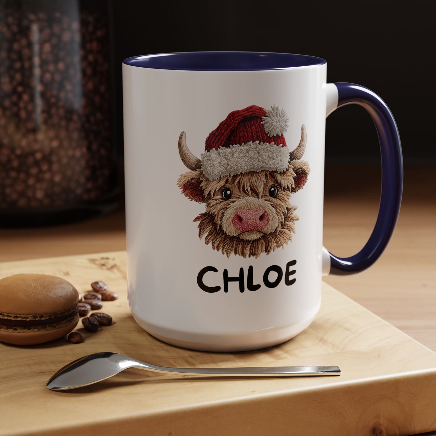 Personalized Name Cute Printed Crochet Yarn Christmas Highland Cow Mug | Hunting Holiday Gift