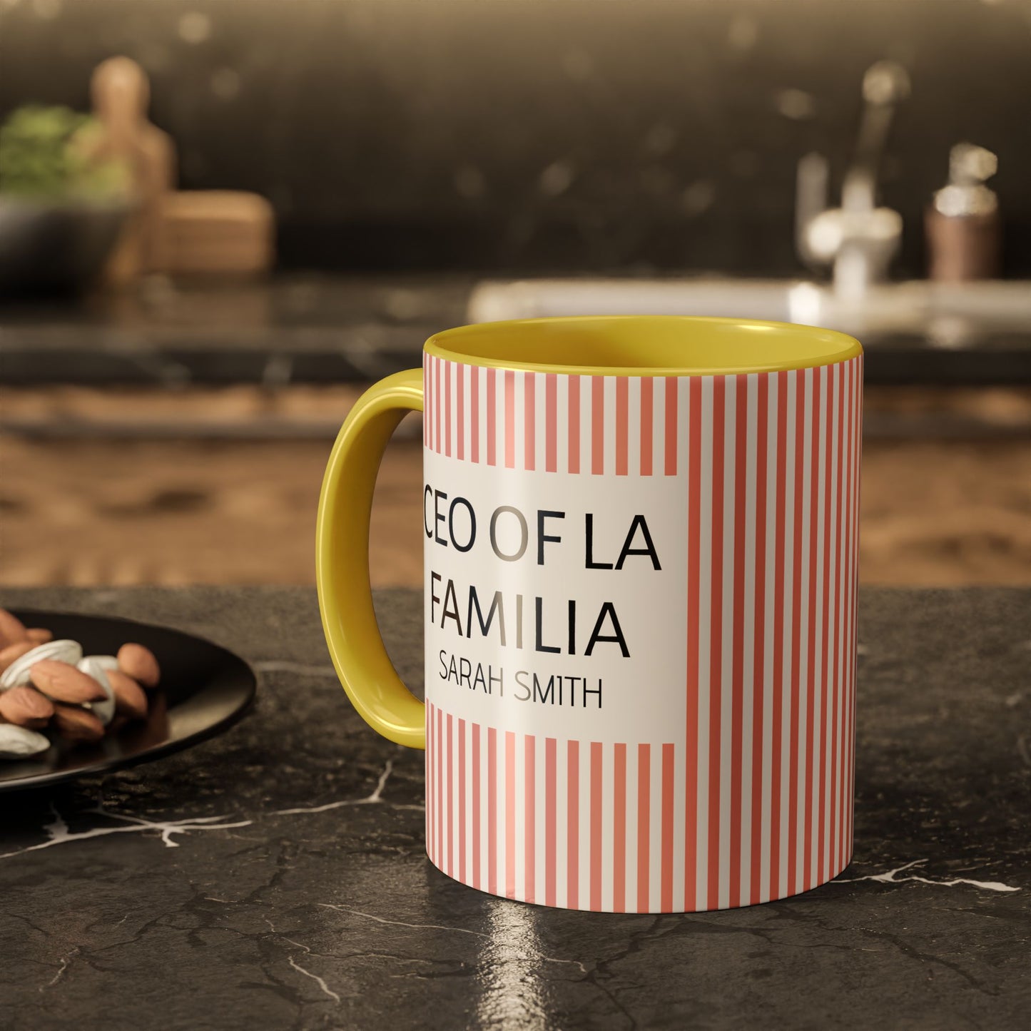 Personalized Name Pink Striped Coffee Tea Mug | Meaningful CEO of La Familia Gift for Mom, Wife, Women