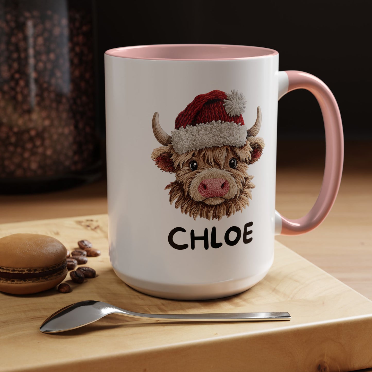 Personalized Name Cute Printed Crochet Yarn Christmas Highland Cow Mug | Hunting Holiday Gift