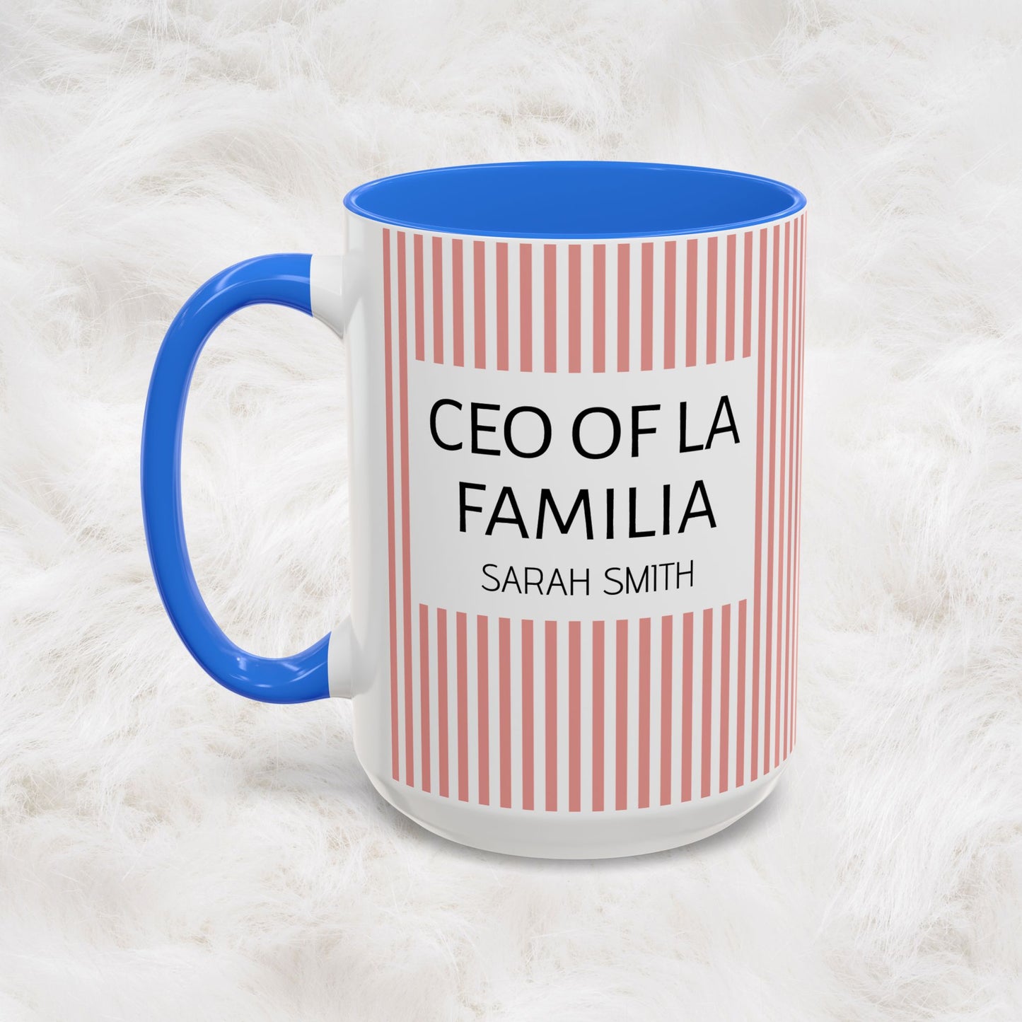 Personalized Name Pink Striped Coffee Tea Mug | Meaningful CEO of La Familia Gift for Mom, Wife, Women