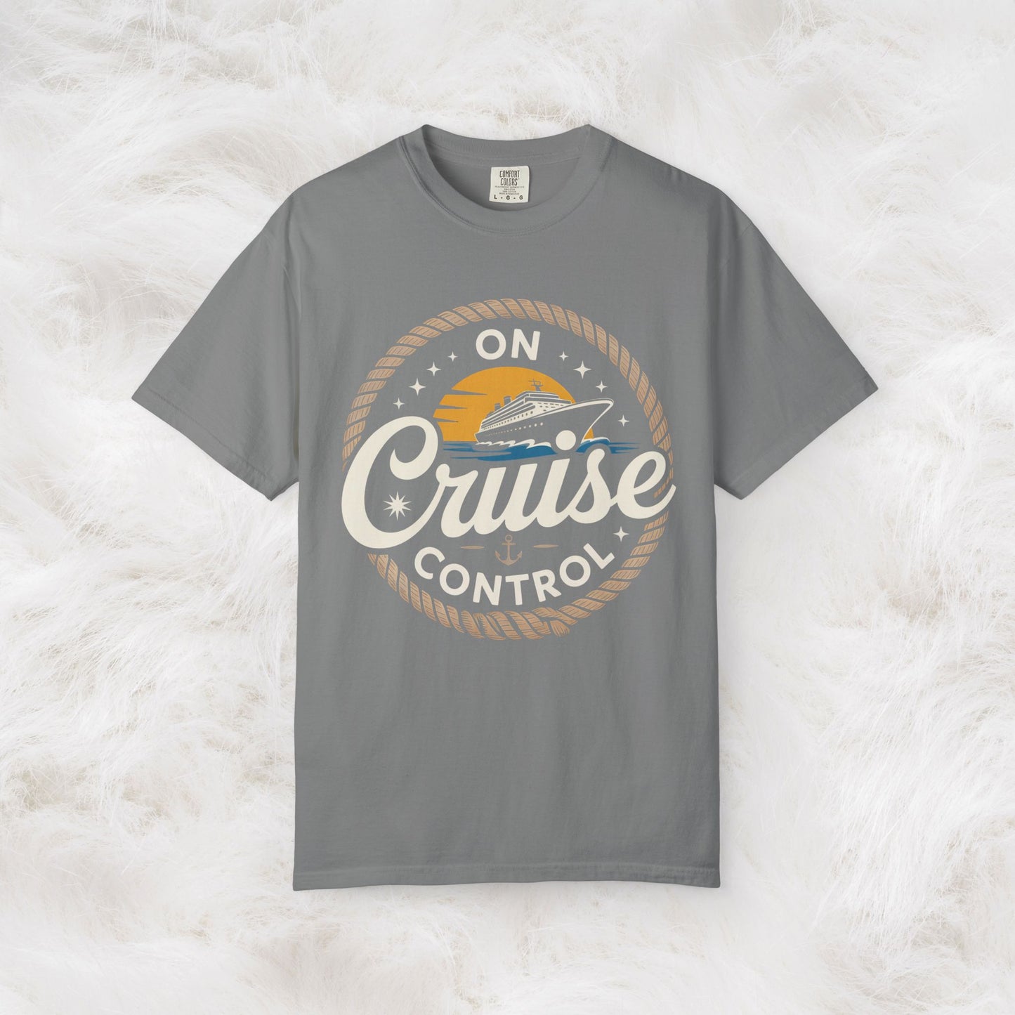 On Cruise Control T-Shirt | Nautical Rope Sunset Graphic Travel Vacation Tee