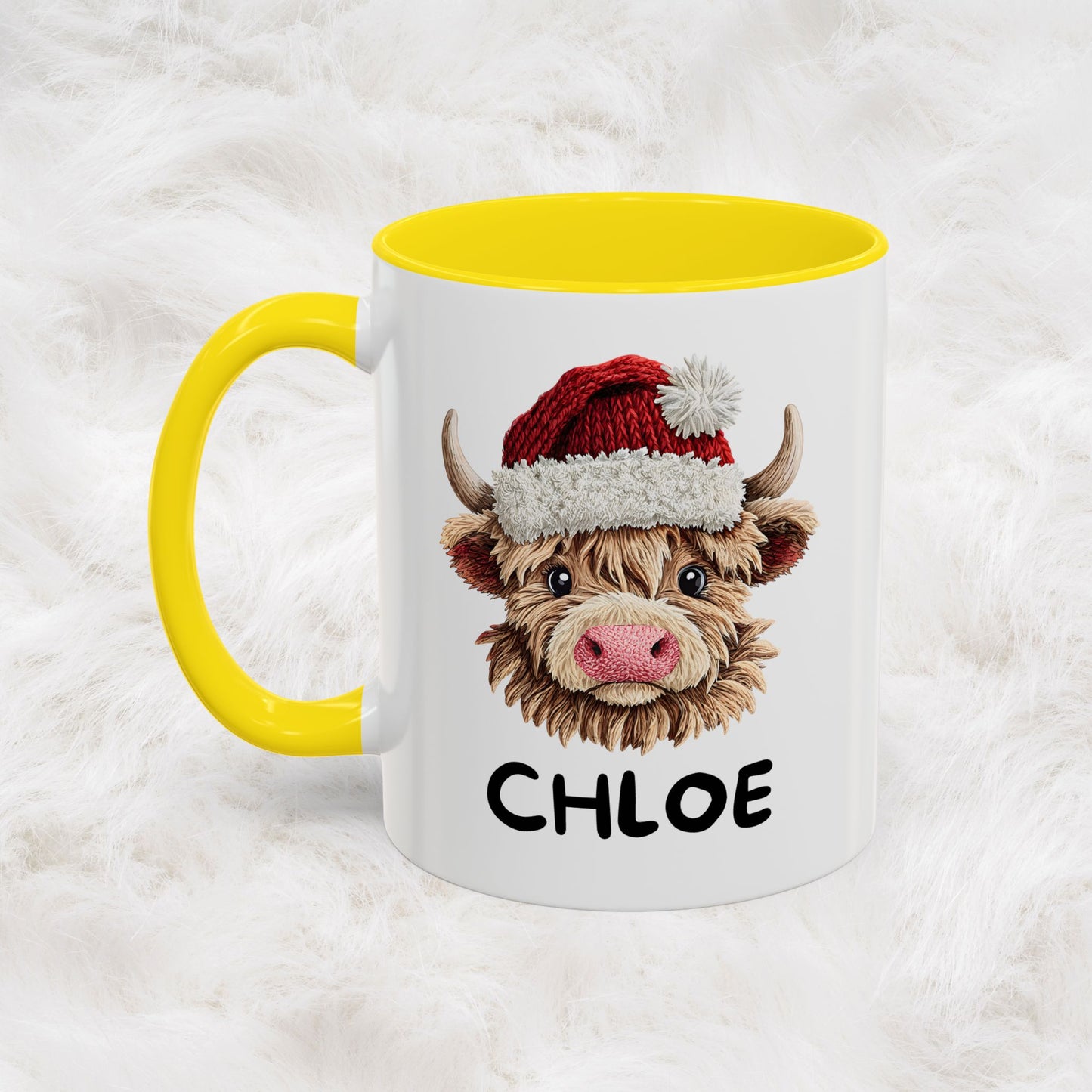 Personalized Name Cute Printed Crochet Yarn Christmas Highland Cow Mug | Hunting Holiday Gift