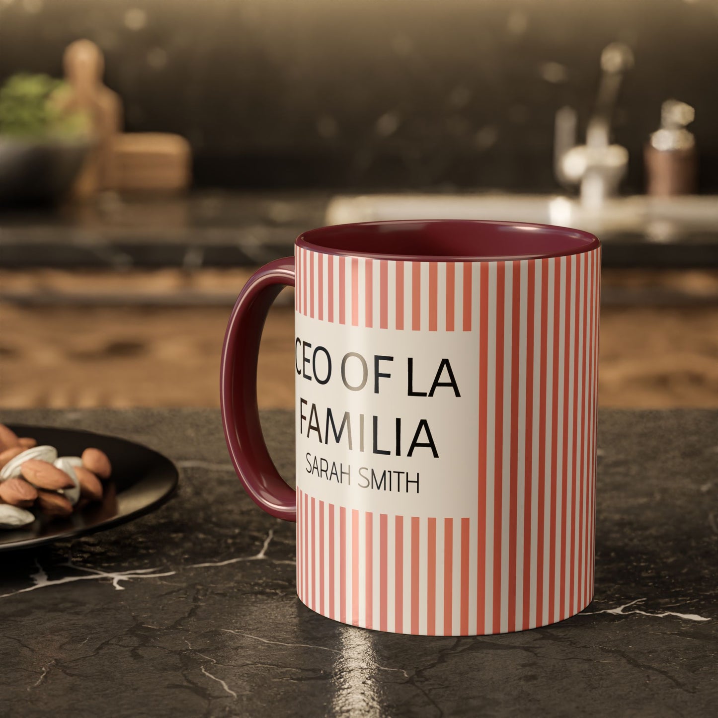 Personalized Name Pink Striped Coffee Tea Mug | Meaningful CEO of La Familia Gift for Mom, Wife, Women