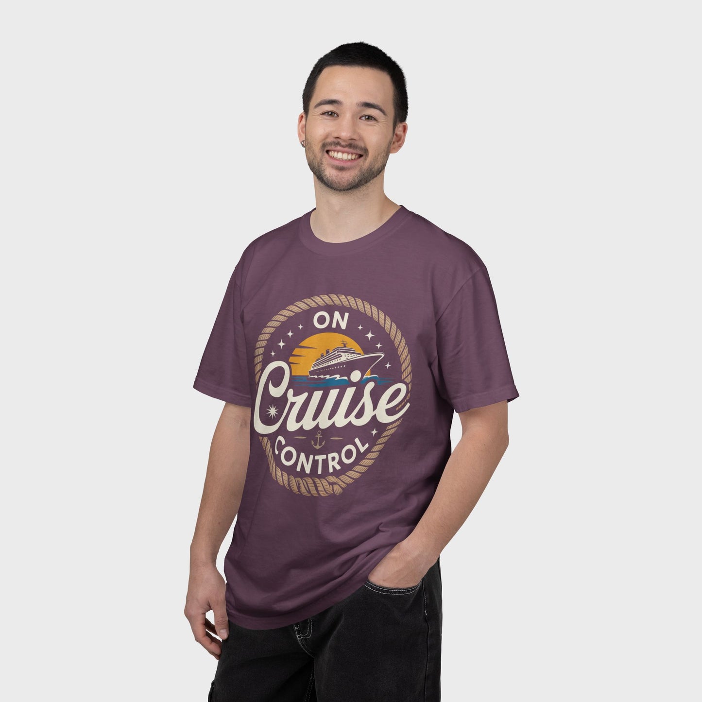 On Cruise Control T-Shirt | Nautical Rope Sunset Graphic Travel Vacation Tee