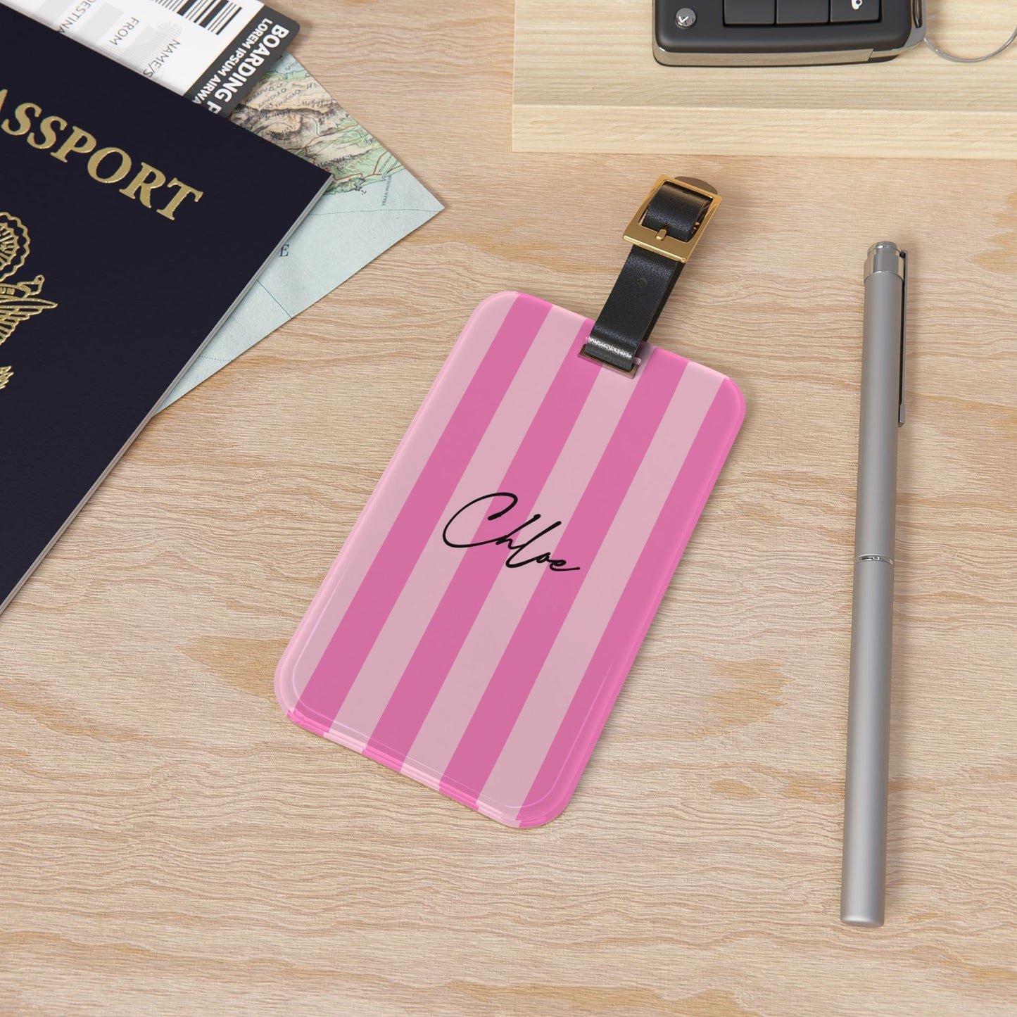 Personalized Custom Name Travel ID Pink Stripe Luggage Tag | Vacation Birthday Christmas Gift