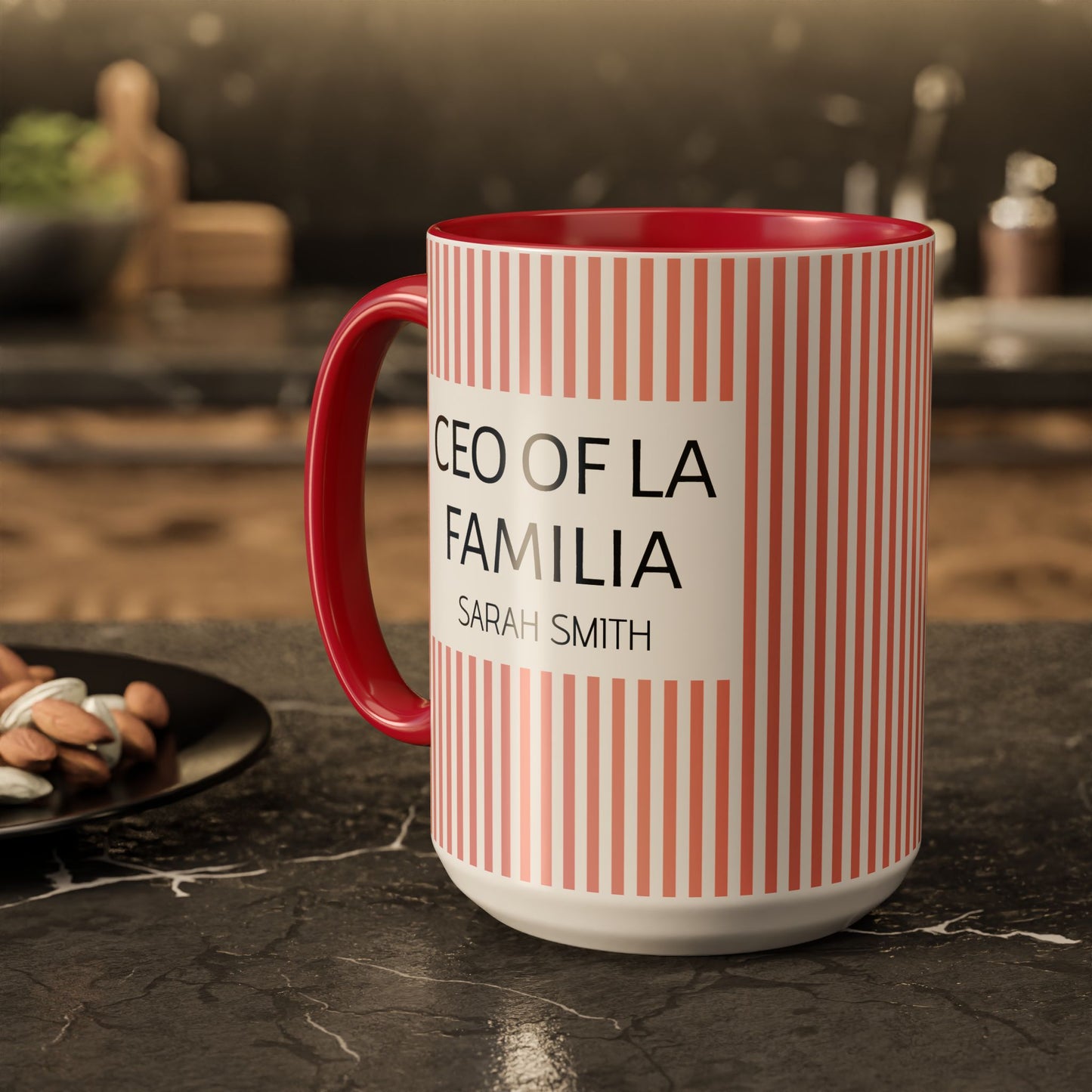 Personalized Name Pink Striped Coffee Tea Mug | Meaningful CEO of La Familia Gift for Mom, Wife, Women