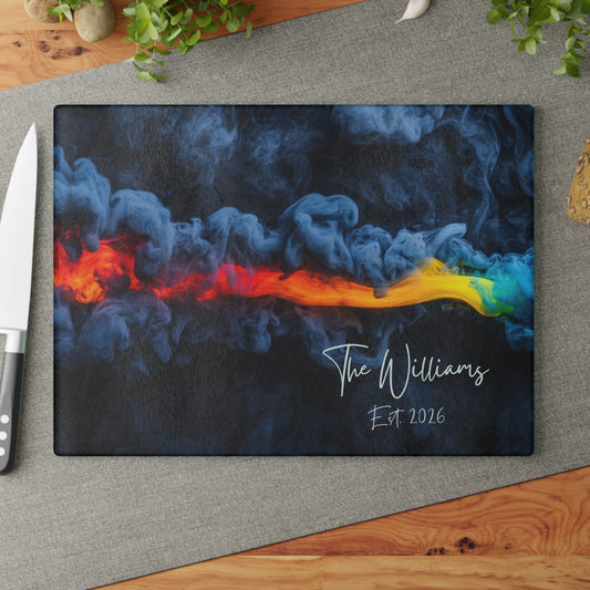 Personalized Custom Name & Established Date Rainbow Smoke Glass Cutting Board | Wedding, Anniversary, New House, Kitchen Decor Souvenir Gift