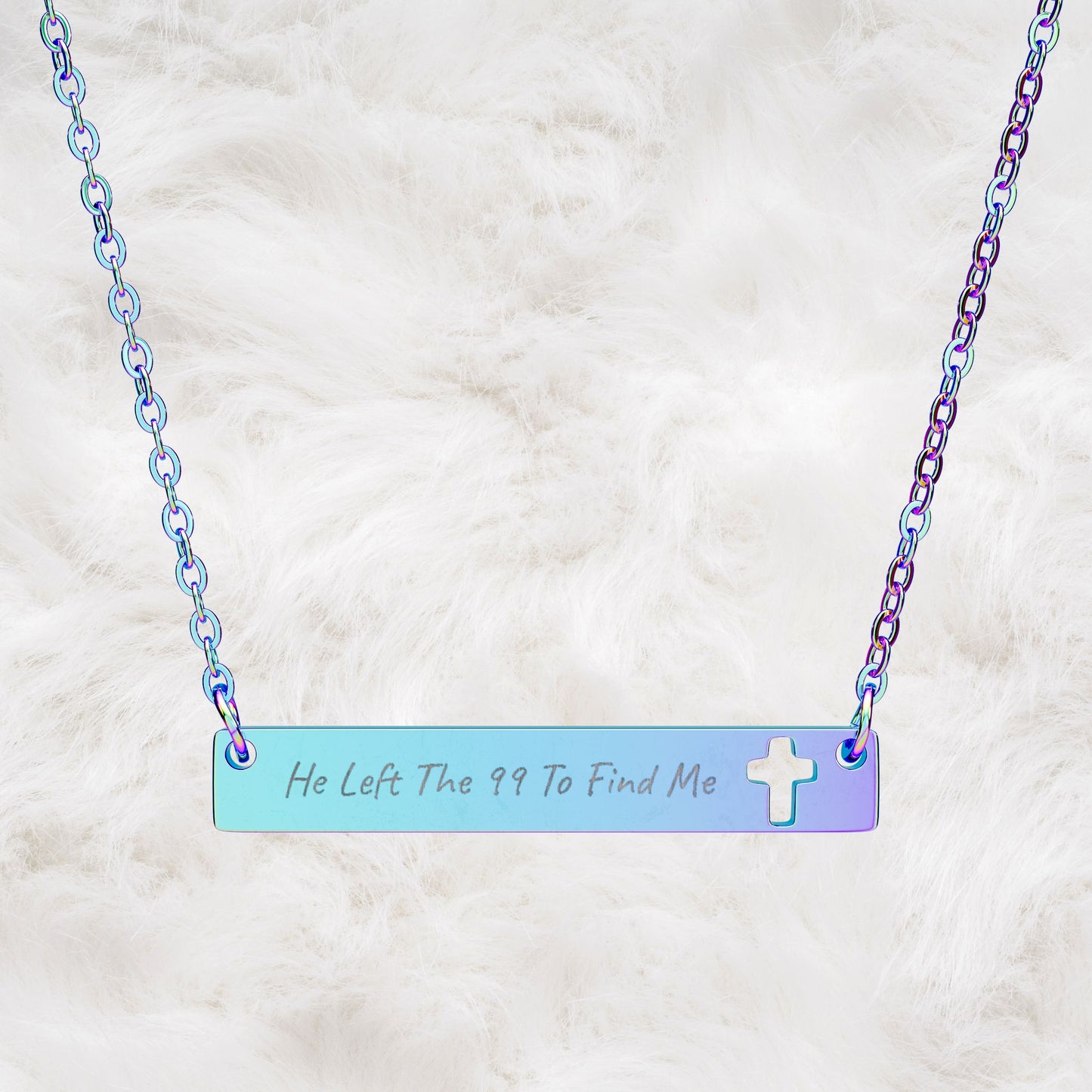 He Left The 99 To Find Me Engraved Cutout Cross Bar Necklace. Christian Faith Inspired Gift