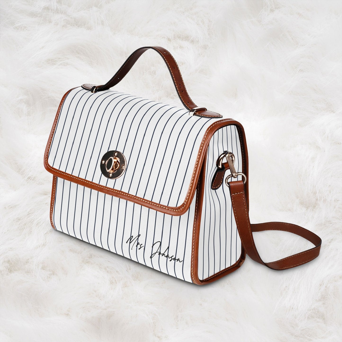 Personalized Name Waterproof Canvas Bag | Classic Navy Pinstripe Crossbody Shoulder Tote Handbag