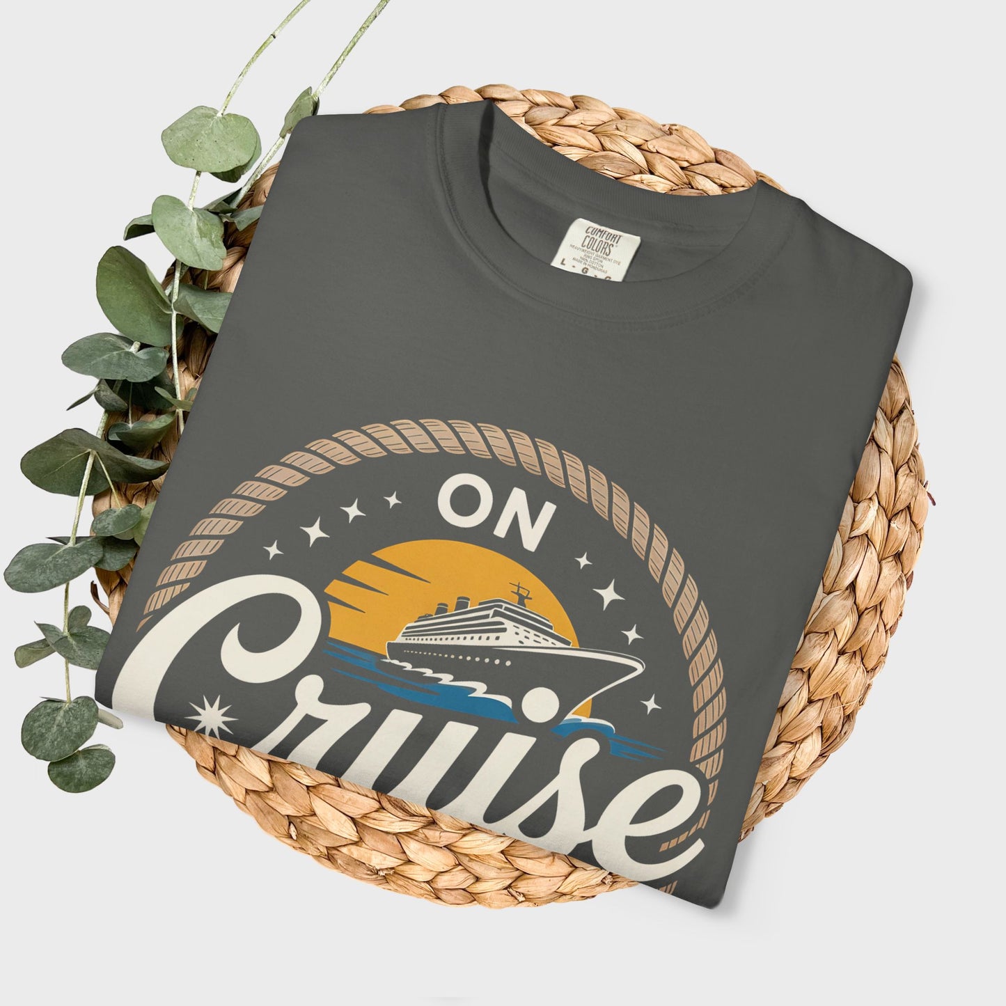 On Cruise Control T-Shirt | Nautical Rope Sunset Graphic Travel Vacation Tee