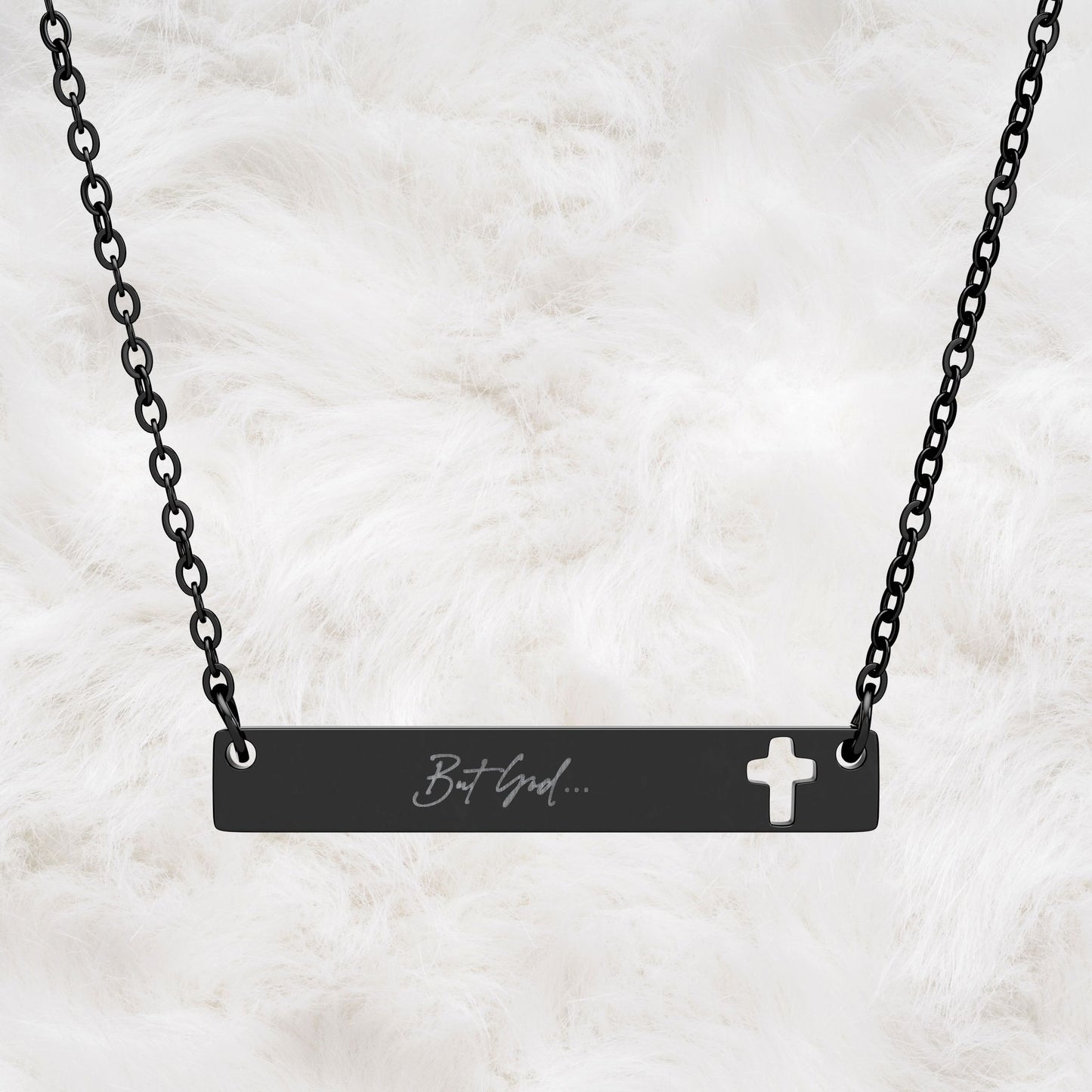 But God... Engraved Cutout Cross Bar Necklace. Christian Faith Inspired Gift