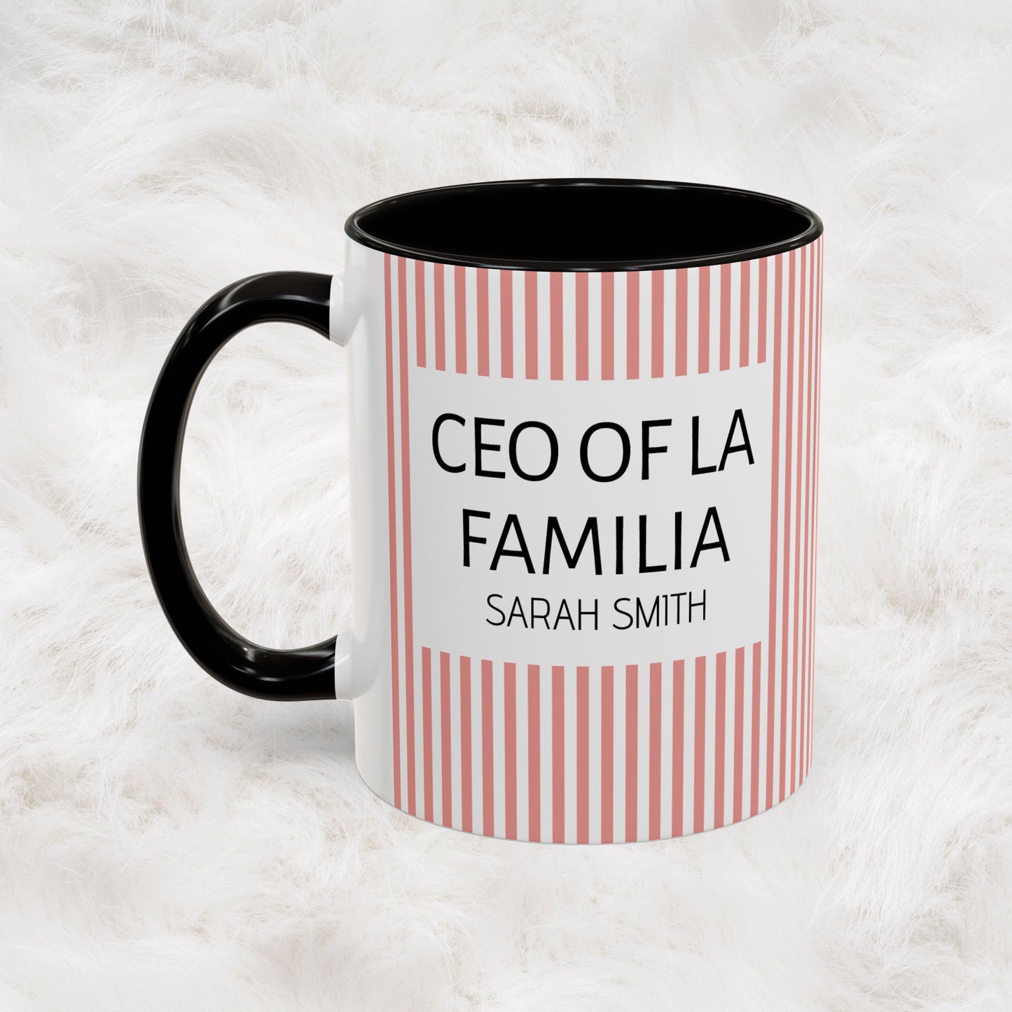 Personalized Name Pink Striped Coffee Tea Mug | Meaningful CEO of La Familia Gift for Mom, Wife, Women