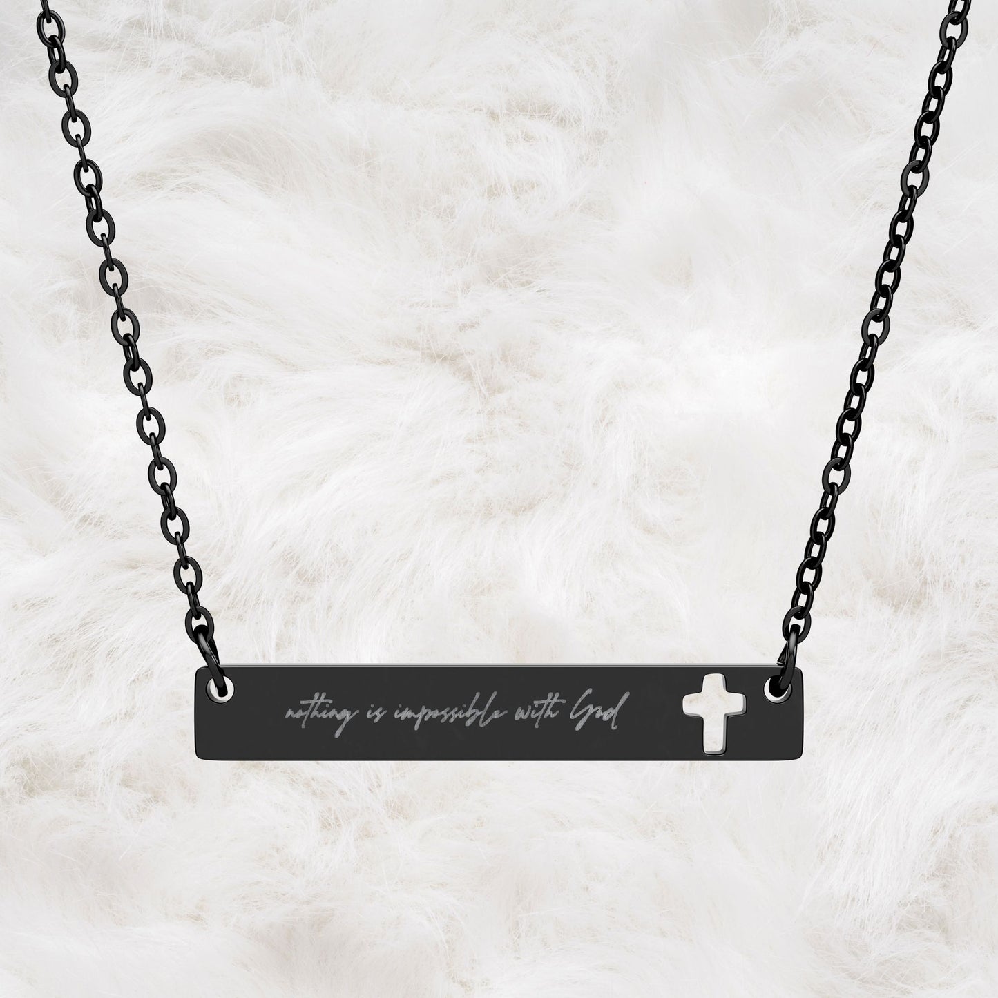 Nothing is impossible with God - Luke 1:37. Engraved Cutout Cross Bar Necklace. Christian Faith Inspired Gift