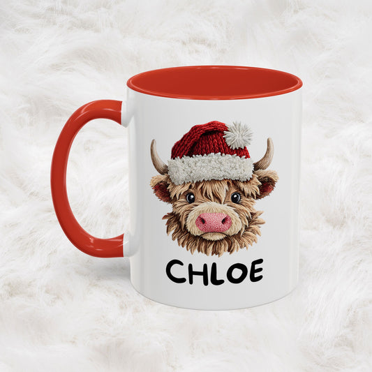 Personalized Name Cute Printed Crochet Yarn Christmas Highland Cow Mug | Hunting Holiday Gift