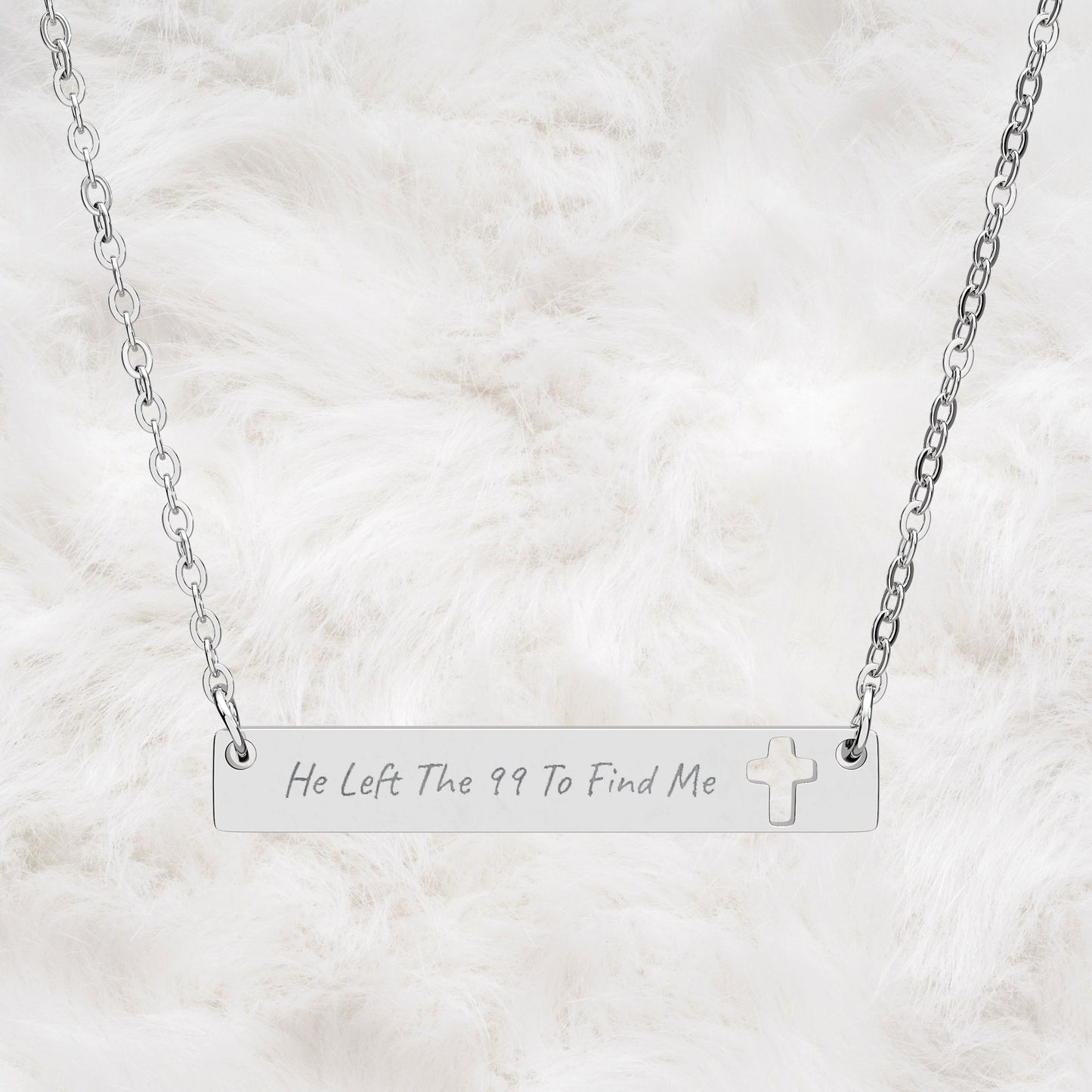 He Left The 99 To Find Me Engraved Cutout Cross Bar Necklace. Christian Faith Inspired Gift
