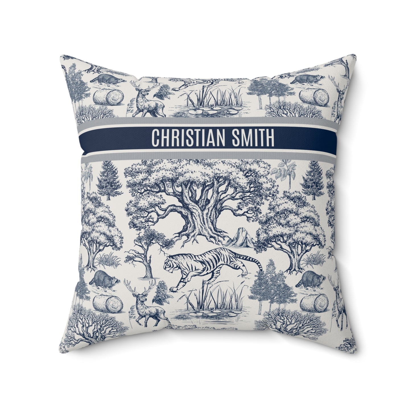 Personalized Name on Toile De Jouy Seamless Nature Landscape Pattern Spun Polyester Square Throw Pillow Version 1