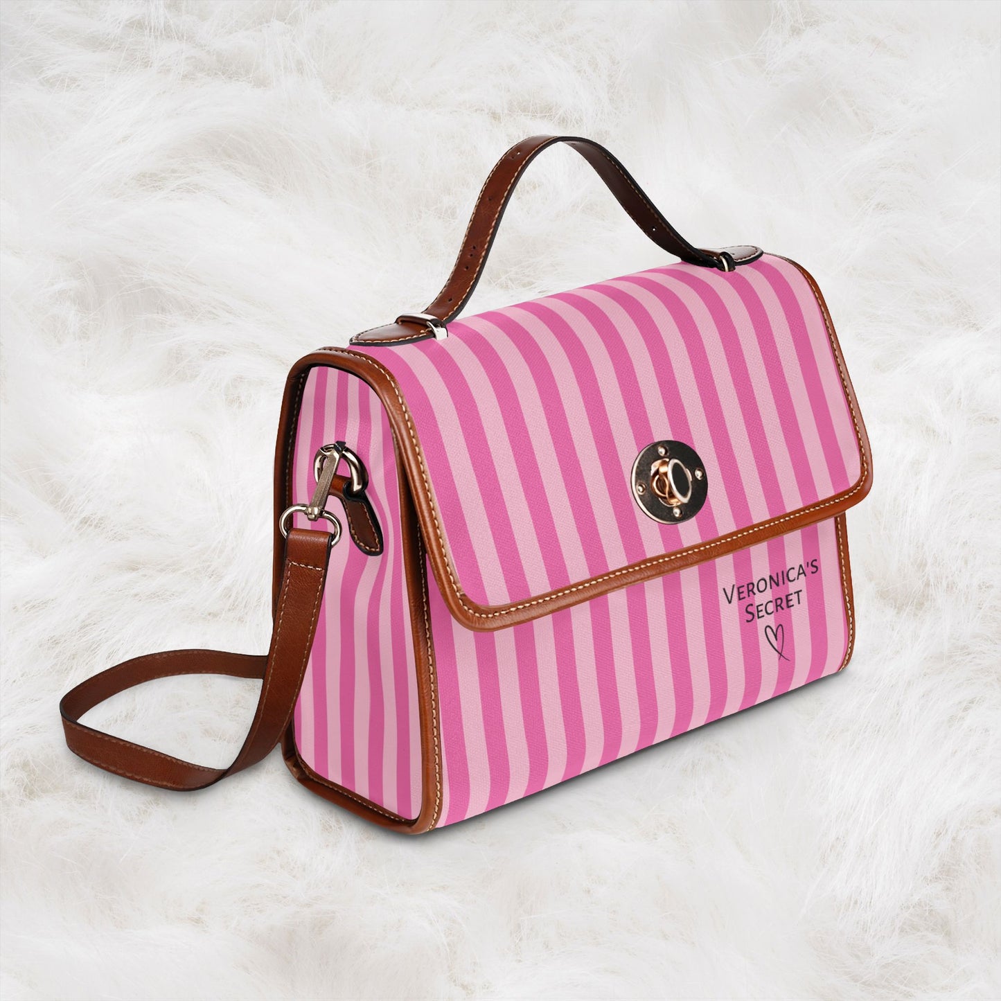 Personalized Name Waterproof Canvas Bag | Pink Stripe Crossbody Shoulder Tote Handbag