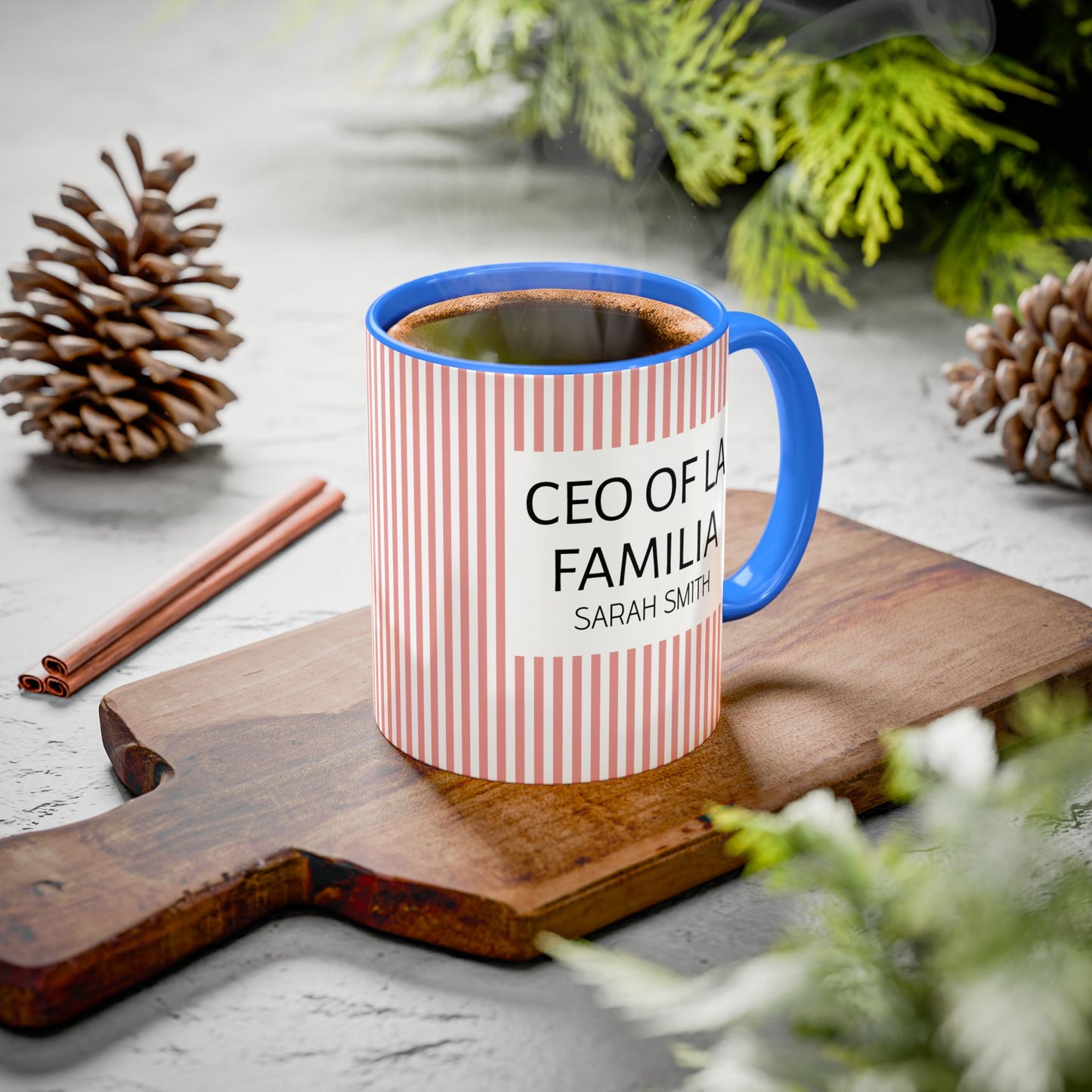 Personalized Name Pink Striped Coffee Tea Mug | Meaningful CEO of La Familia Gift for Mom, Wife, Women