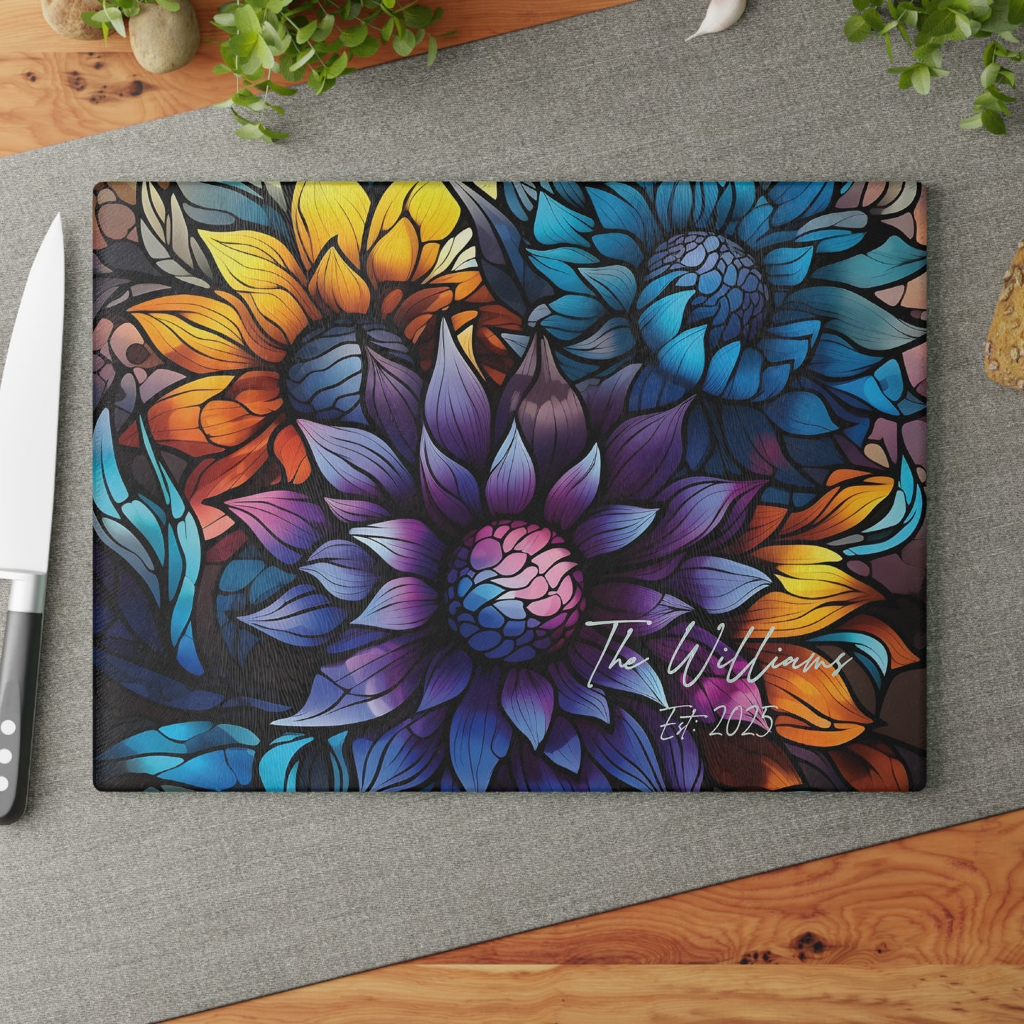 Personalized Floral Stained Art Glass Cutting Board | Luxury Gift Ideas Home Kitchen Decor