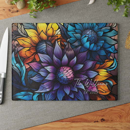 Personalized Floral Stained Art Glass Cutting Board | Luxury Gift Ideas Home Kitchen Decor
