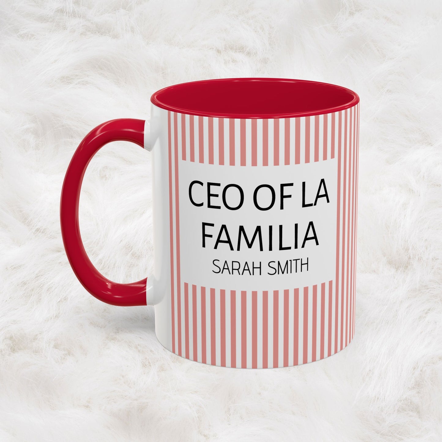 Personalized Name Pink Striped Coffee Tea Mug | Meaningful CEO of La Familia Gift for Mom, Wife, Women