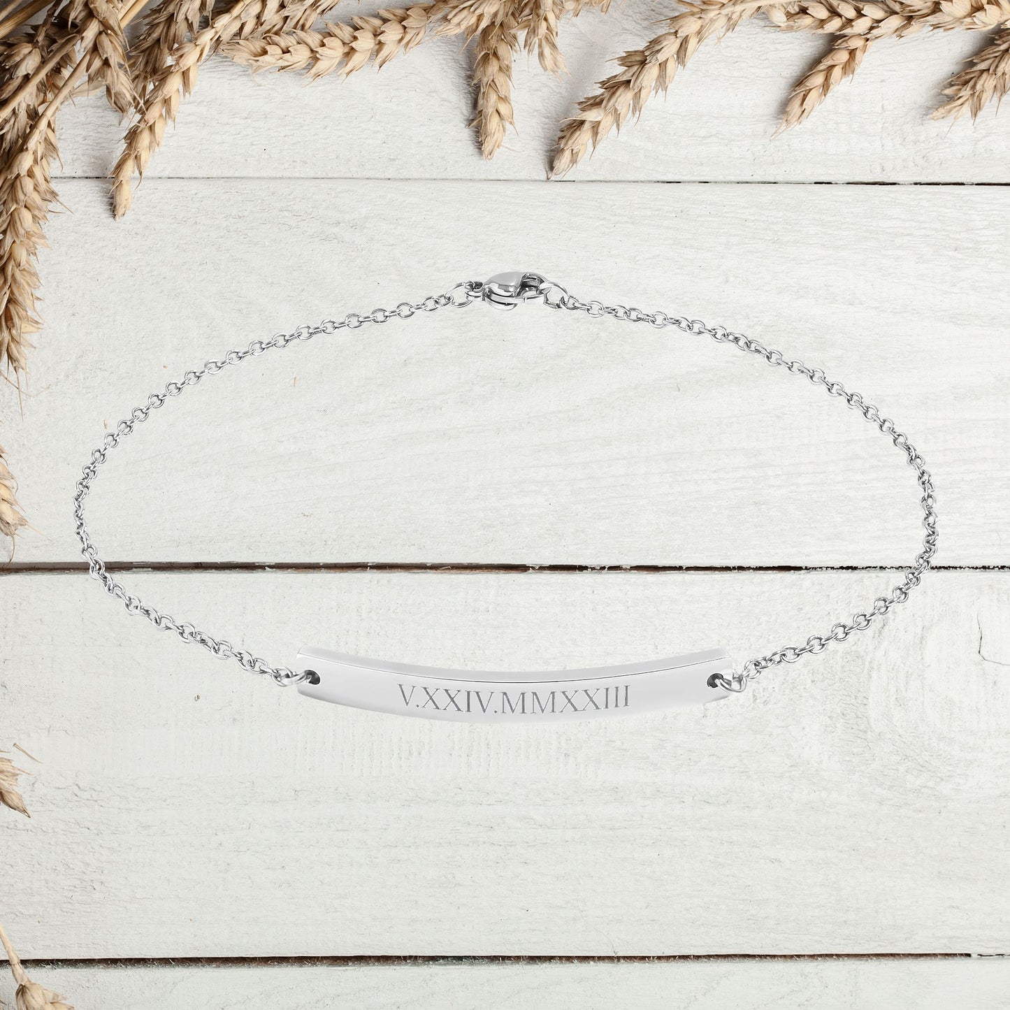 Personalized Date Text or Roman Numeral Engraving Curved Bar Anklet | Gift For Her