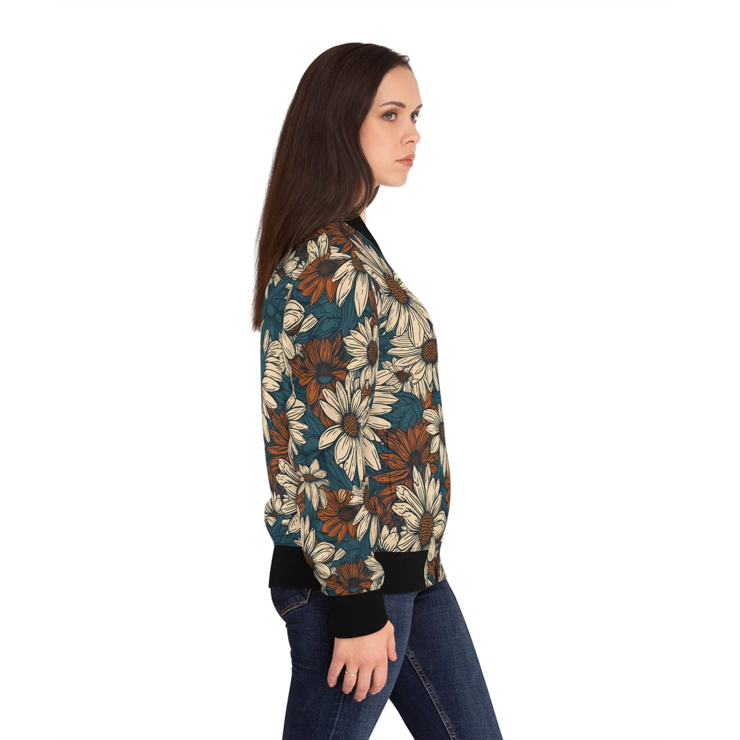 Daisy Floral Flowers Bomber Jacket | Women’s Casual Fashion Outerwear