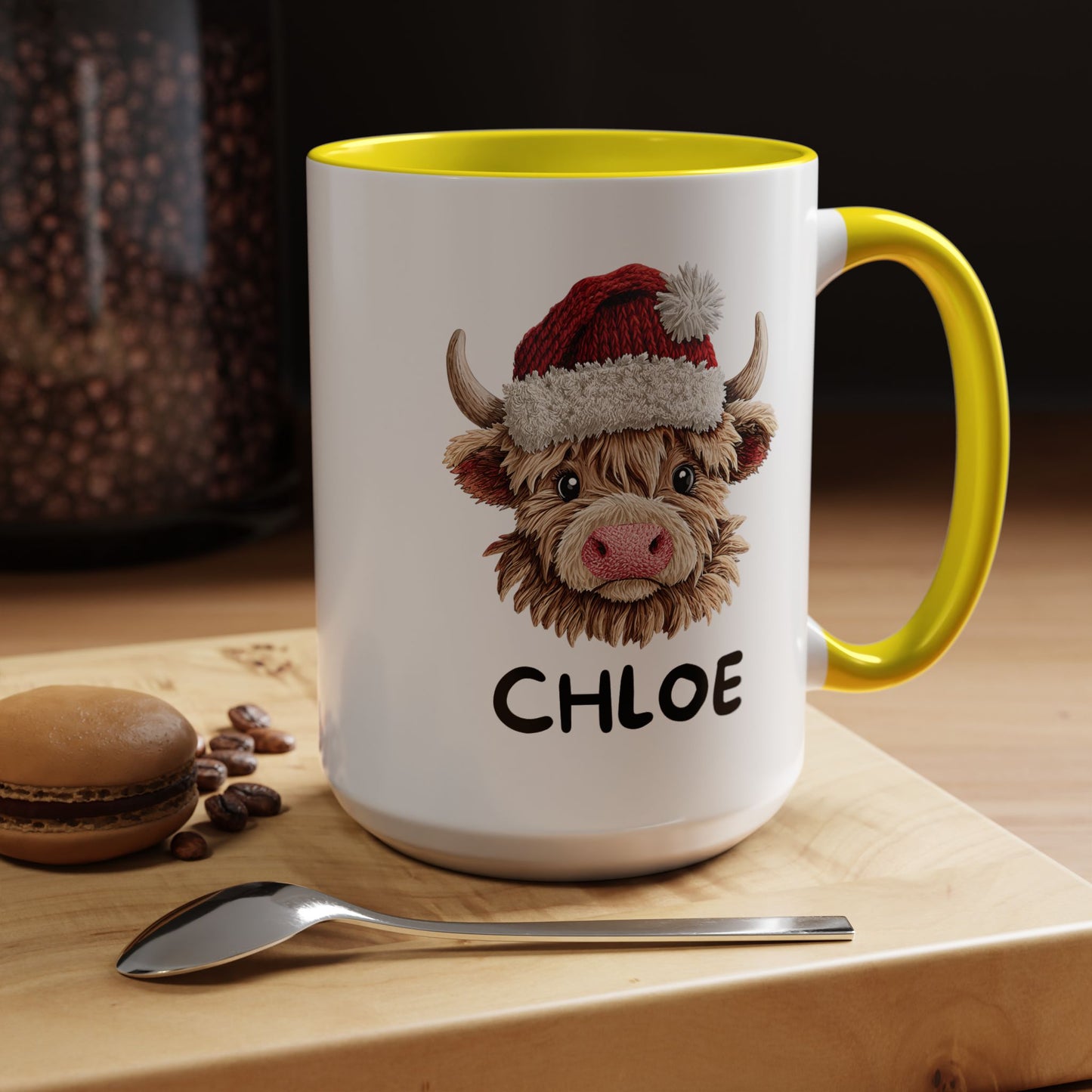 Personalized Name Cute Printed Crochet Yarn Christmas Highland Cow Mug | Hunting Holiday Gift