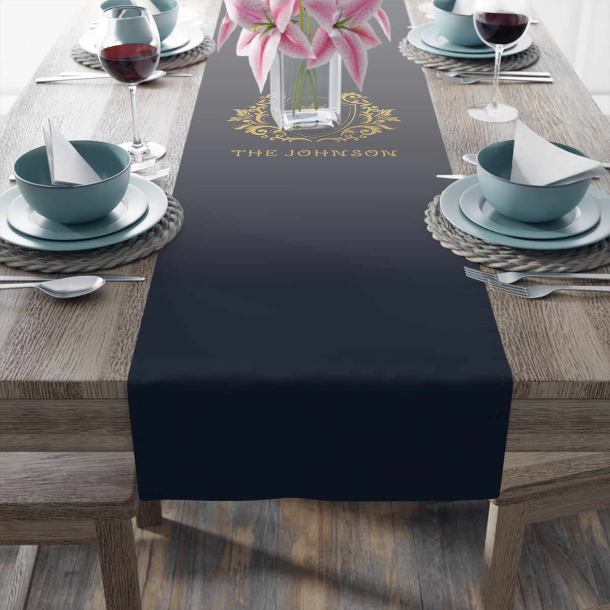 Personalized Family Name Luxury Royal Navy Gold Home DecorTable Runner