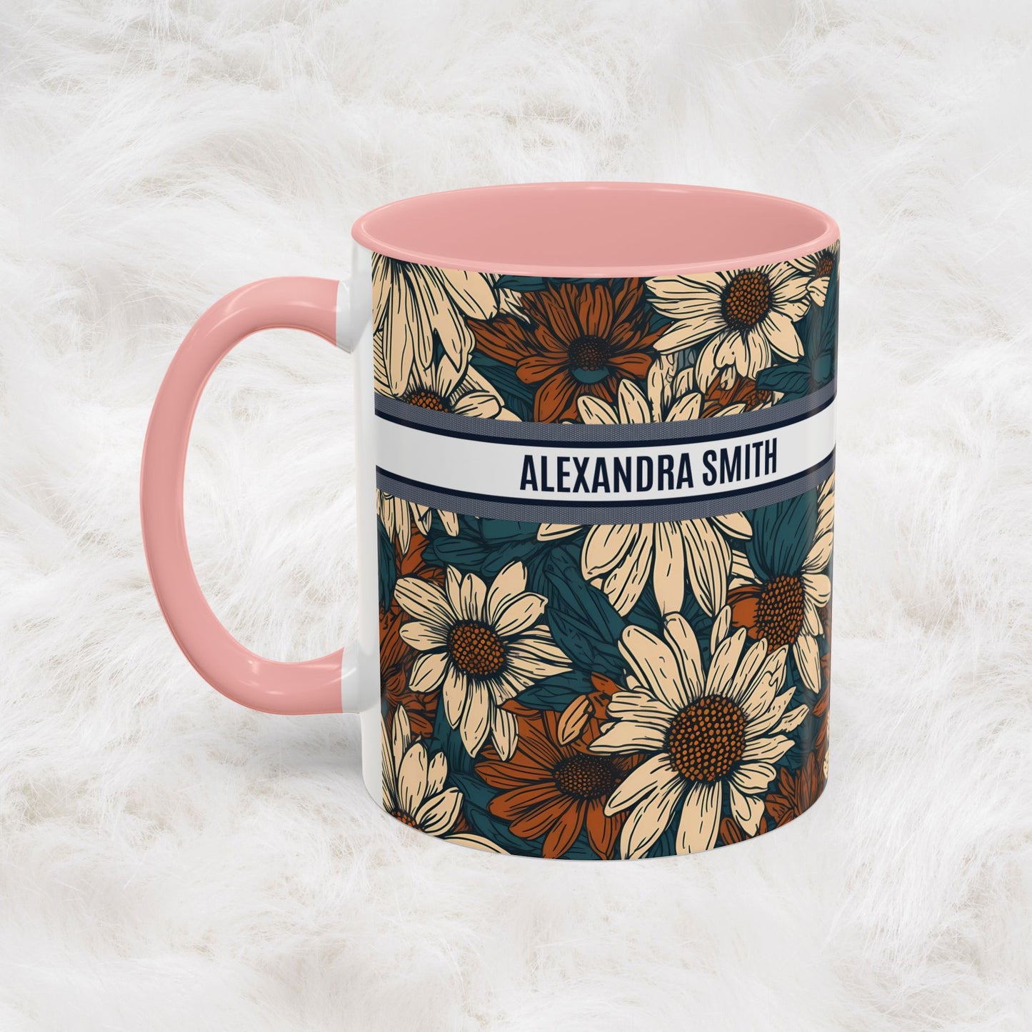 Personalized Name Text Daisy Floral Luxury Vintage Toile De Jouy French Pattern Accent Coffee Tea Mug