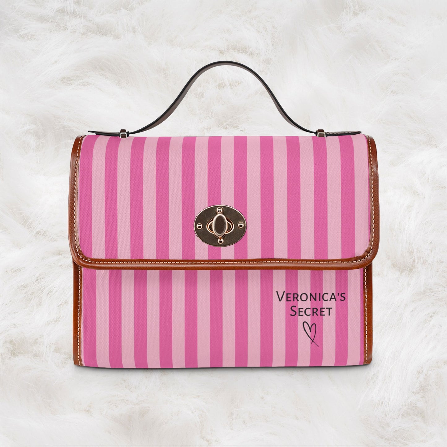 Personalized Name Waterproof Canvas Bag | Pink Stripe Crossbody Shoulder Tote Handbag