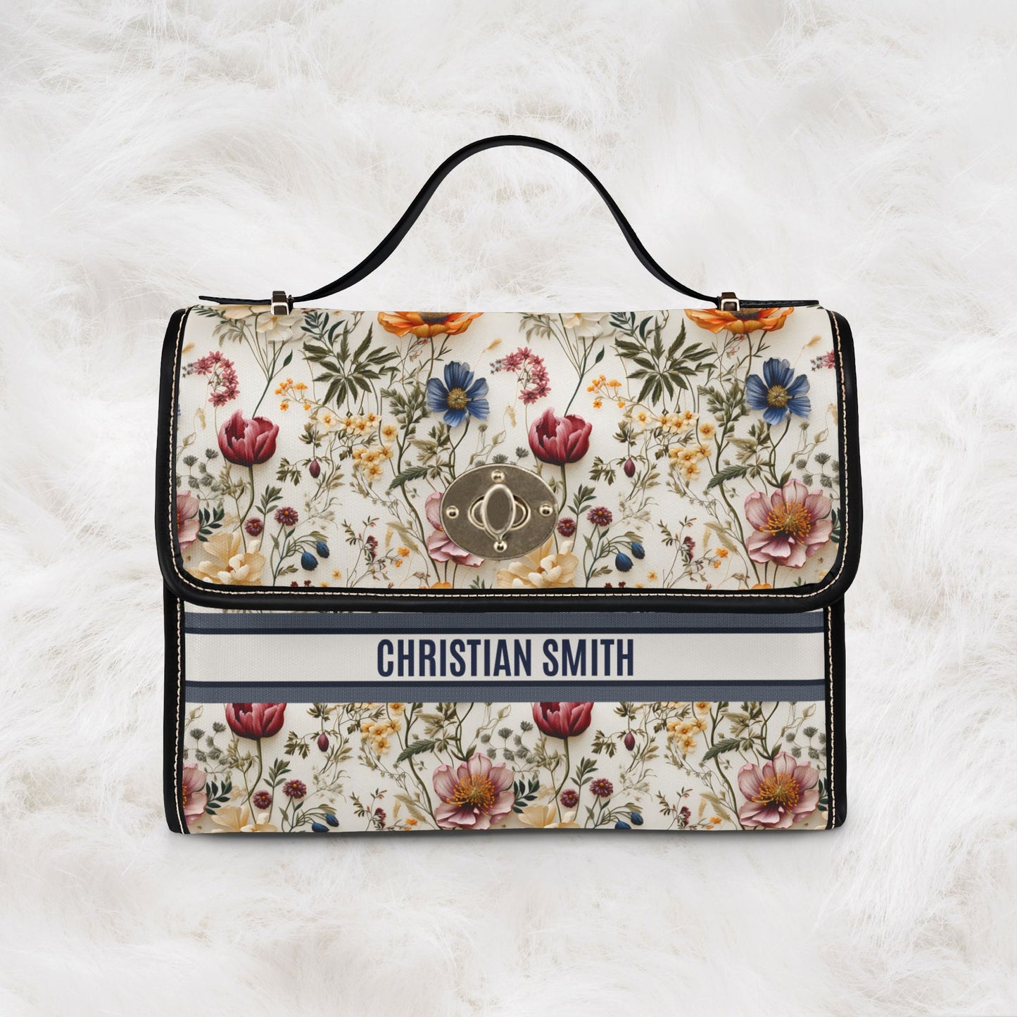 Personalized Name Waterproof Canvas Bag | Floral Flower Pattern Crossbody Shoulder Tote Handbag