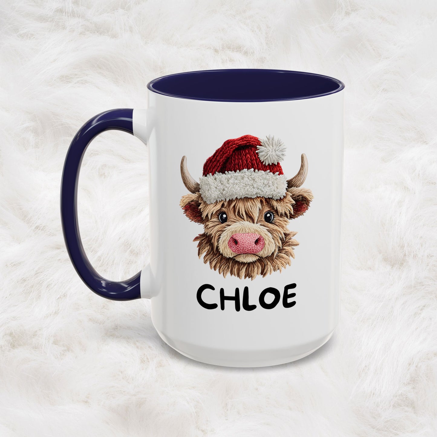 Personalized Name Cute Printed Crochet Yarn Christmas Highland Cow Mug | Hunting Holiday Gift