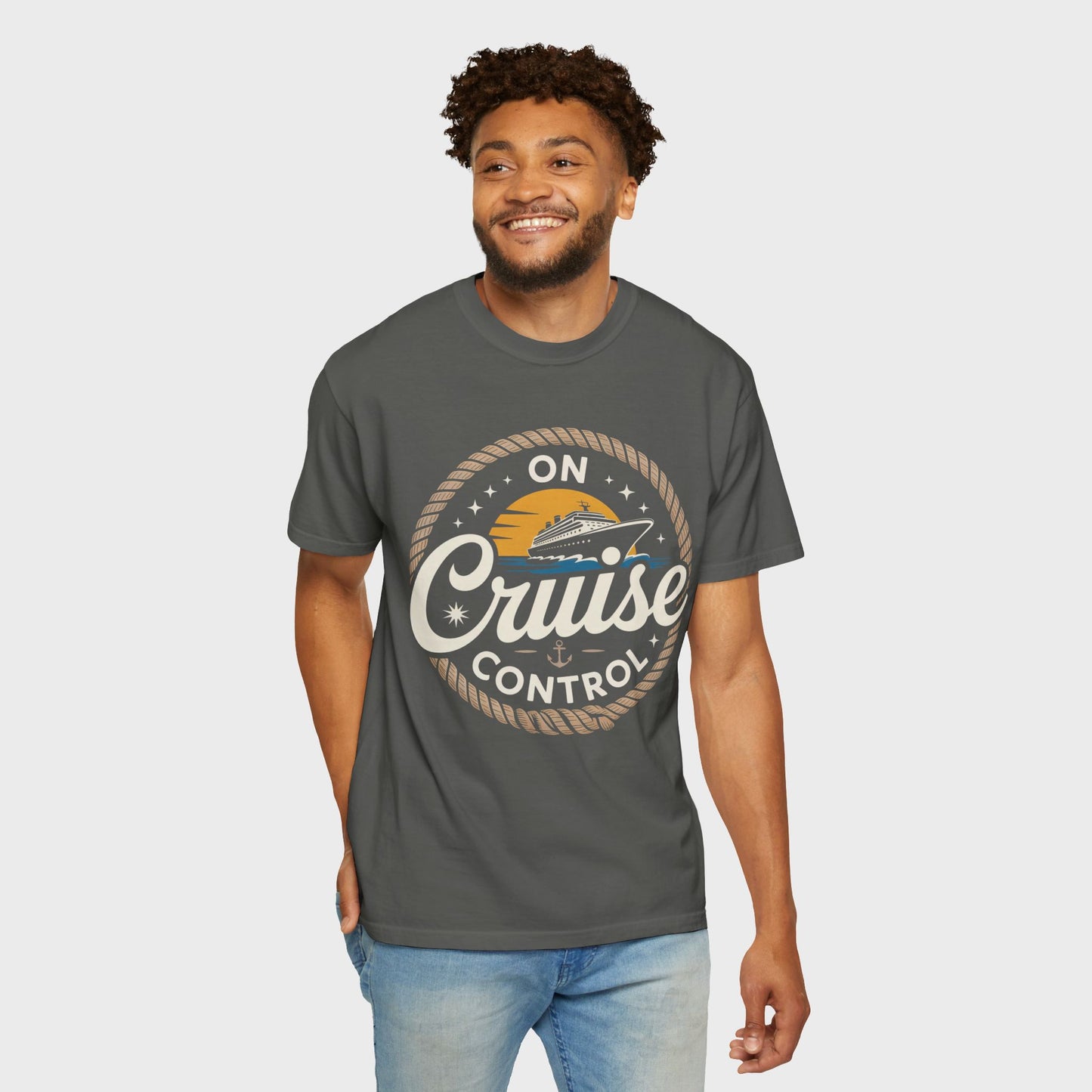 On Cruise Control T-Shirt | Nautical Rope Sunset Graphic Travel Vacation Tee