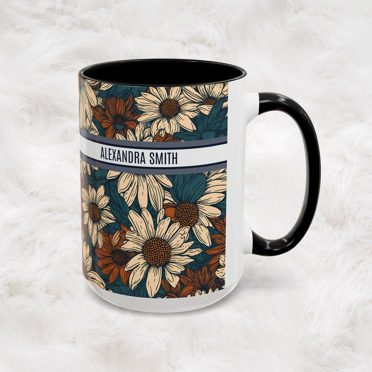 Personalized Name Text Daisy Floral Luxury Vintage Toile De Jouy French Pattern Accent Coffee Tea Mug