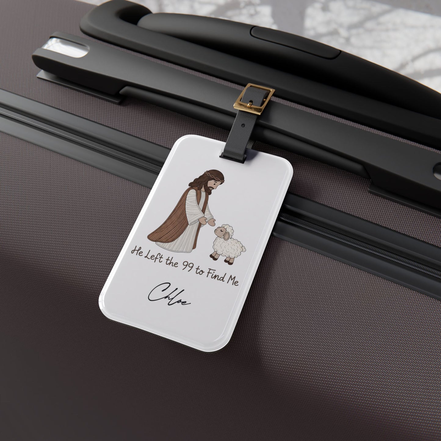 Personalized Cute Christian Luggage Tag — "He Left the 99 to Find Me" Shepherd & Lamb