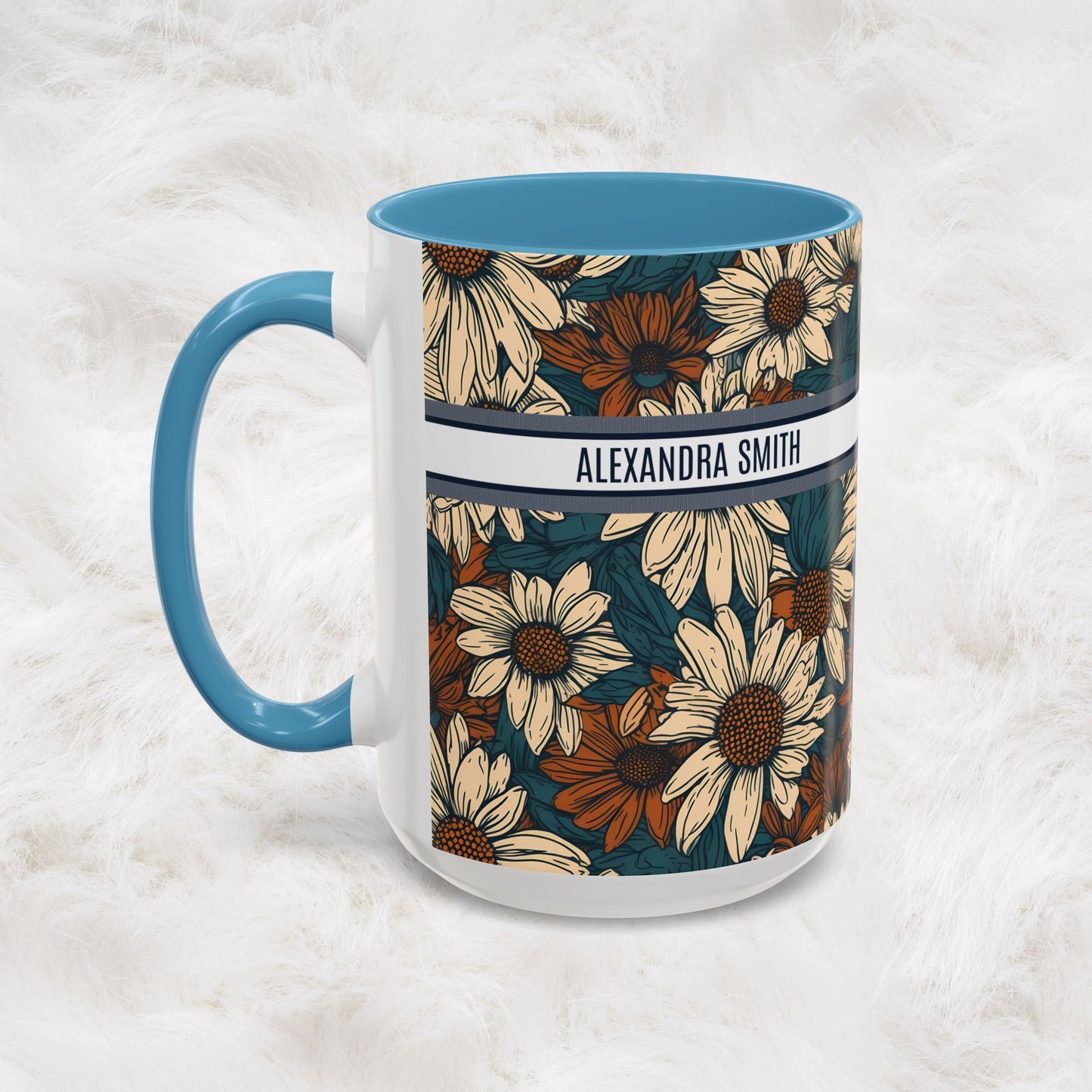 Personalized Name Text Daisy Floral Luxury Vintage Toile De Jouy French Pattern Accent Coffee Tea Mug