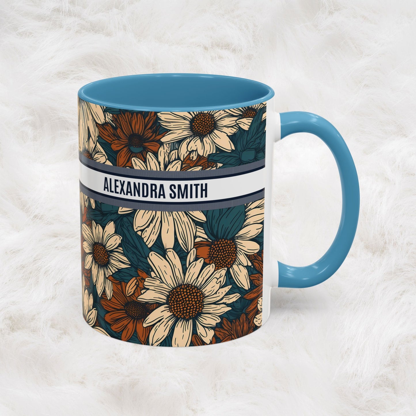 Personalized Name Text Daisy Floral Luxury Vintage Toile De Jouy French Pattern Accent Coffee Tea Mug