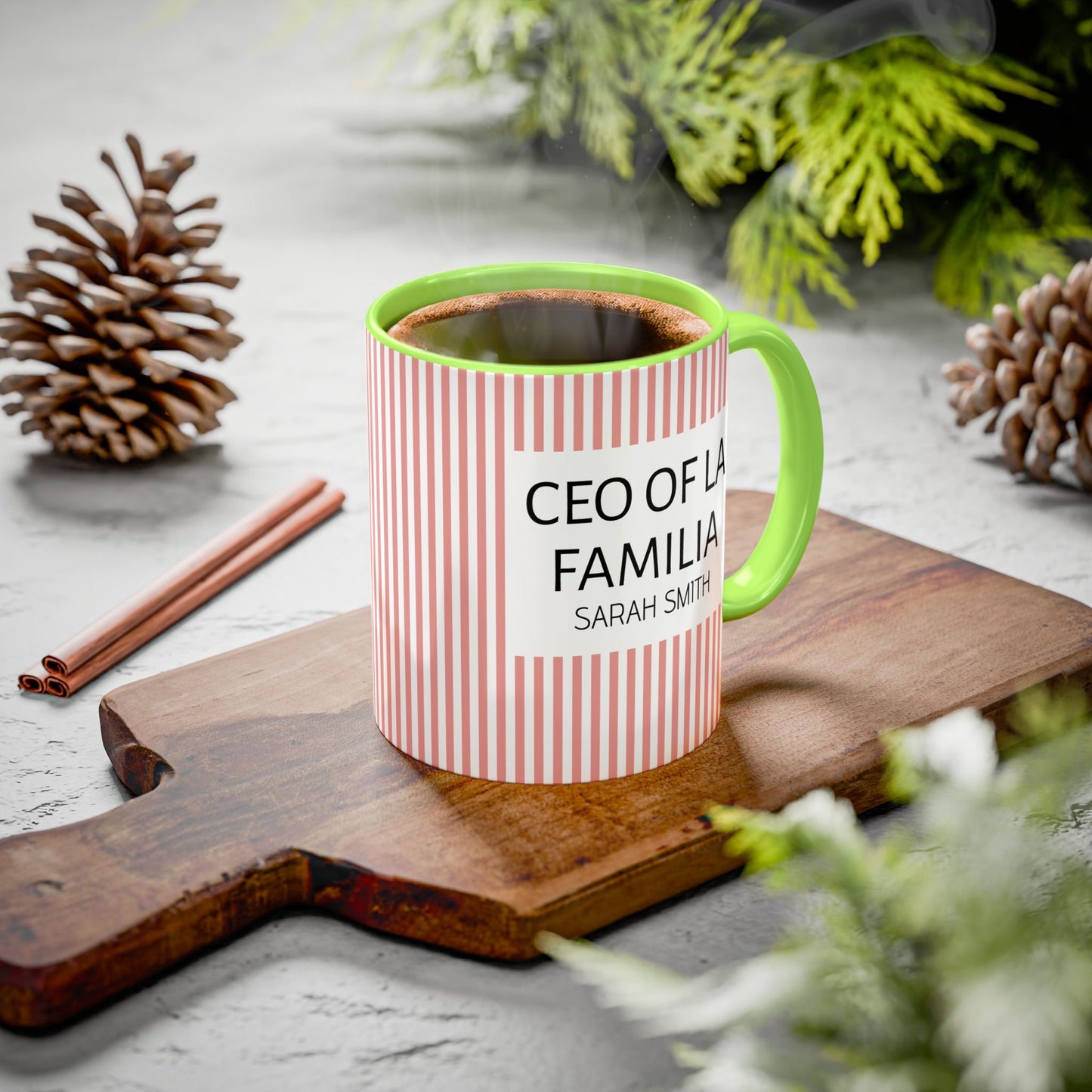 Personalized Name Pink Striped Coffee Tea Mug | Meaningful CEO of La Familia Gift for Mom, Wife, Women