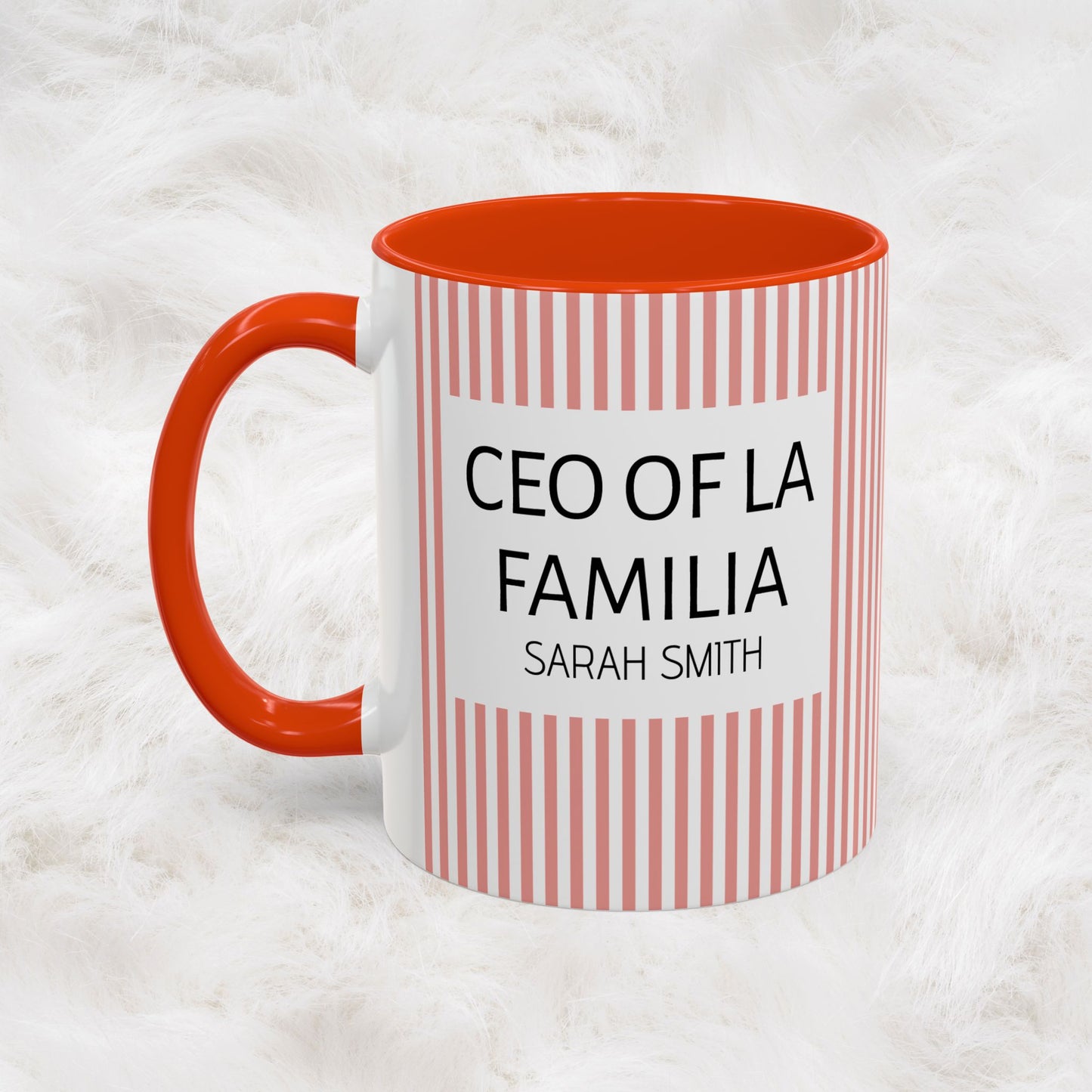 Personalized Name Pink Striped Coffee Tea Mug | Meaningful CEO of La Familia Gift for Mom, Wife, Women